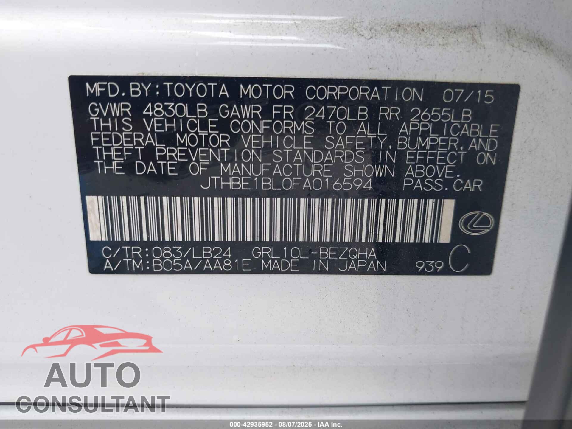LEXUS GS 350 2015 - JTHBE1BL0FA016594
