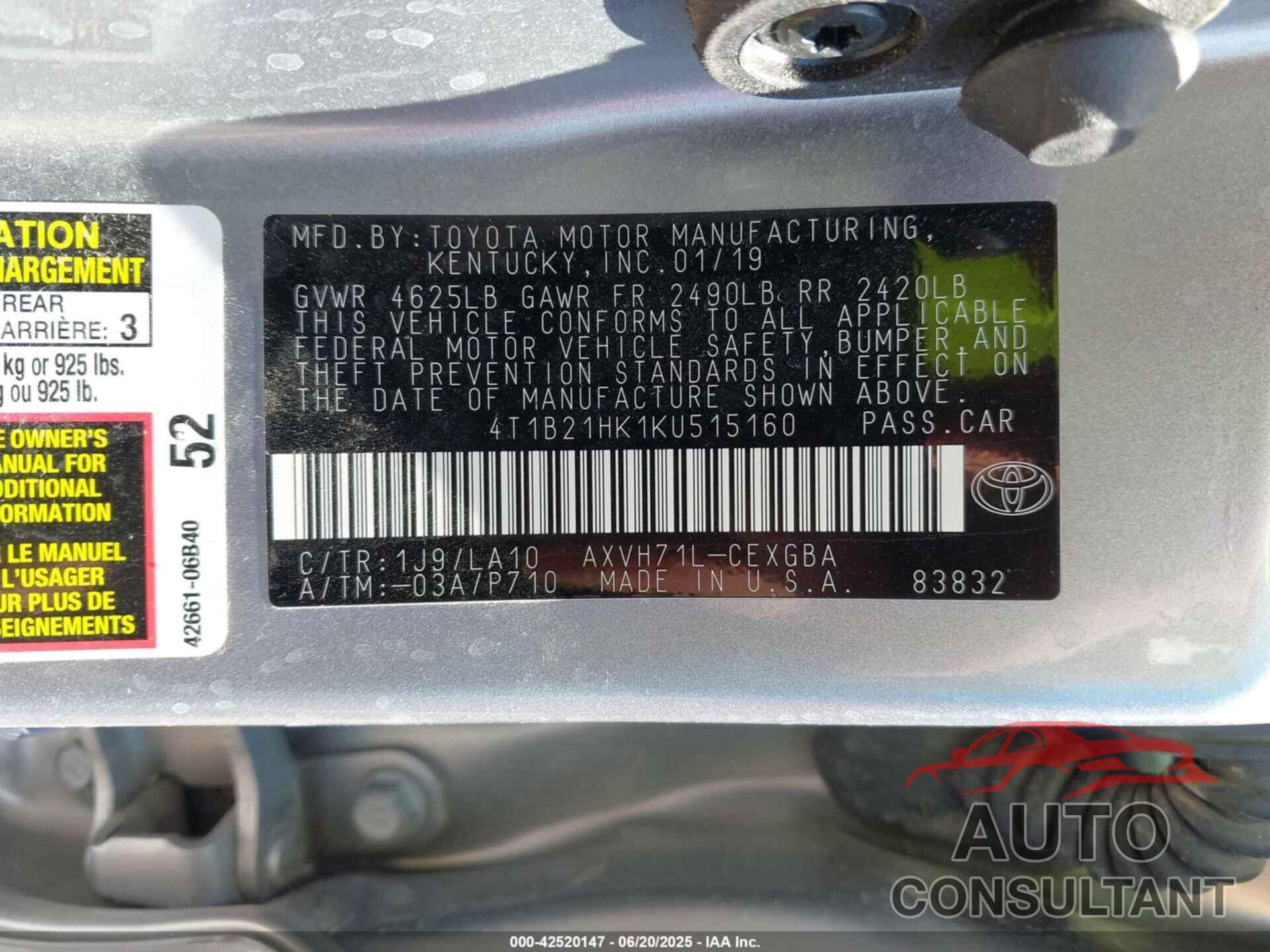 TOYOTA CAMRY 2019 - 4T1B21HK1KU515160