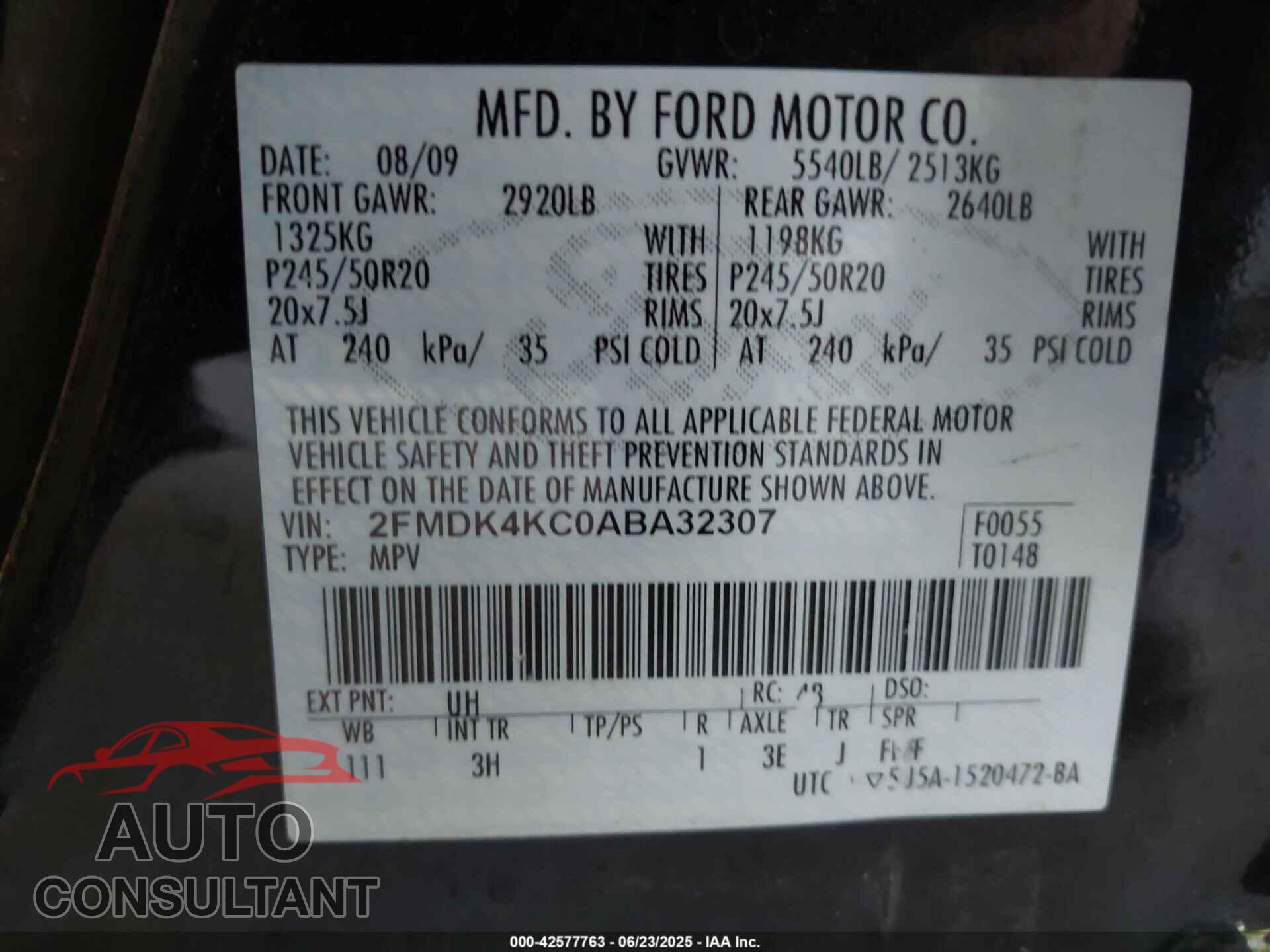 FORD EDGE 2010 - 2FMDK4KC0ABA32307