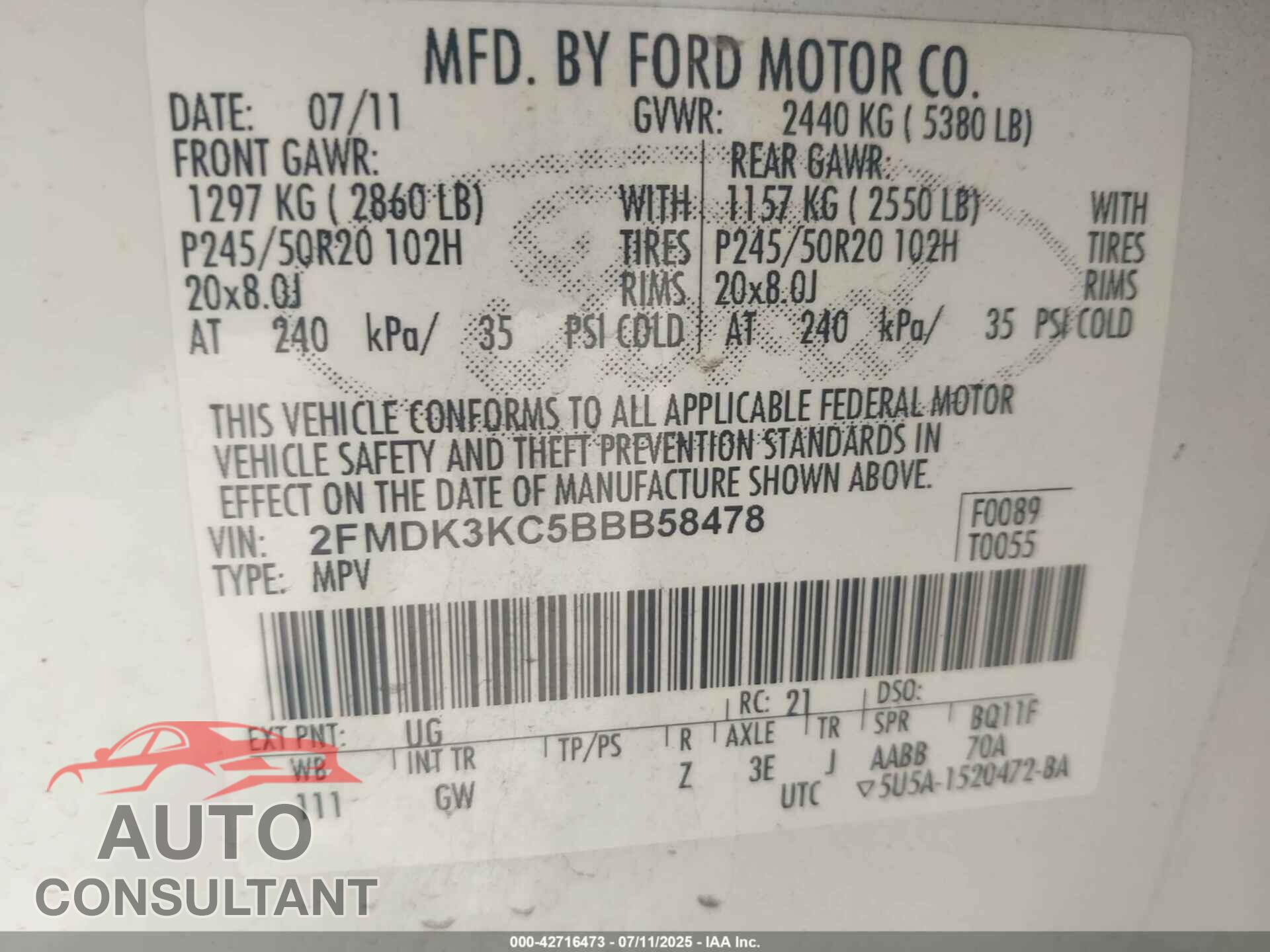 FORD EDGE 2011 - 2FMDK3KC5BBB58478