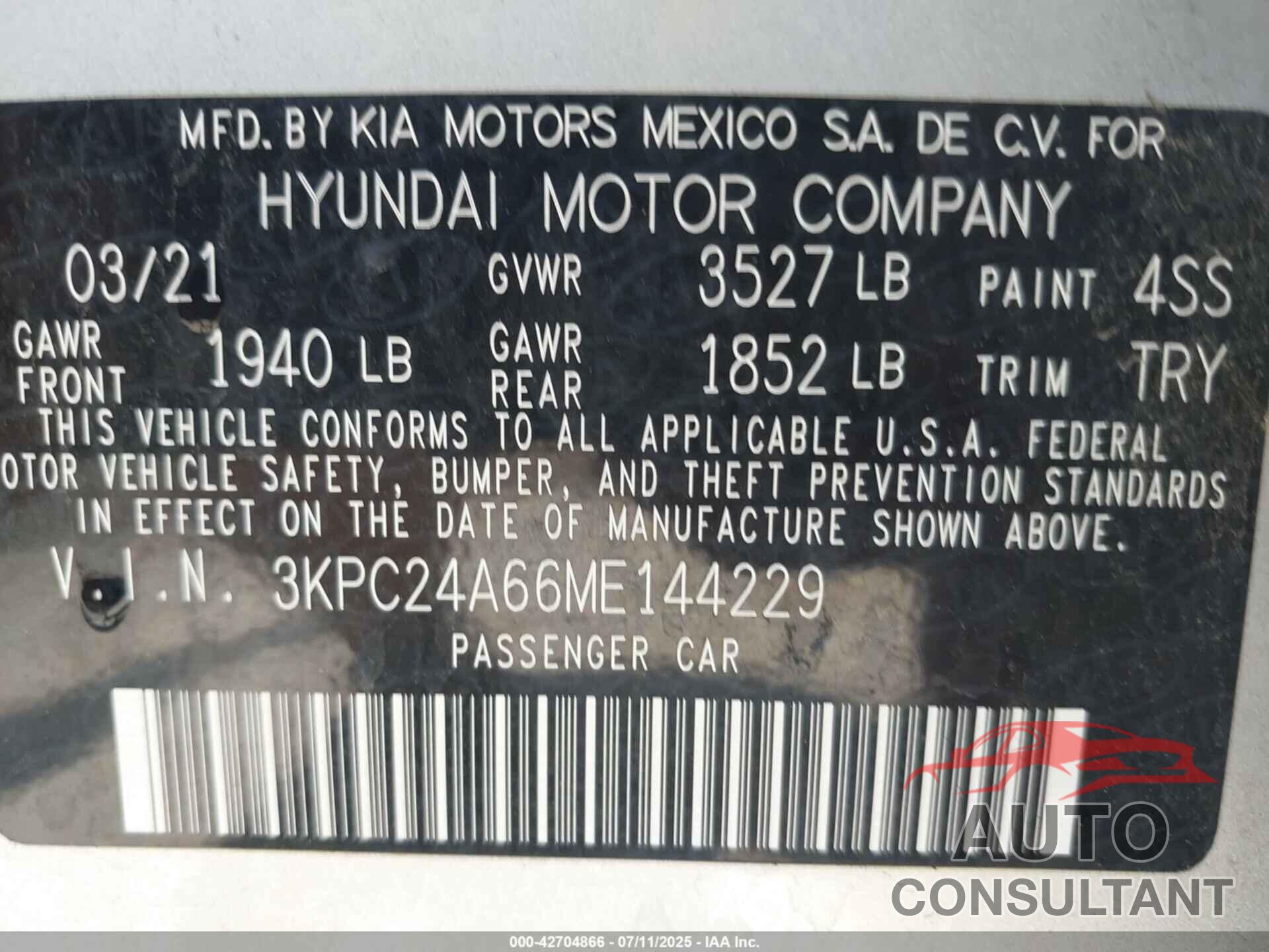 HYUNDAI ACCENT 2021 - 3KPC24A66ME144229