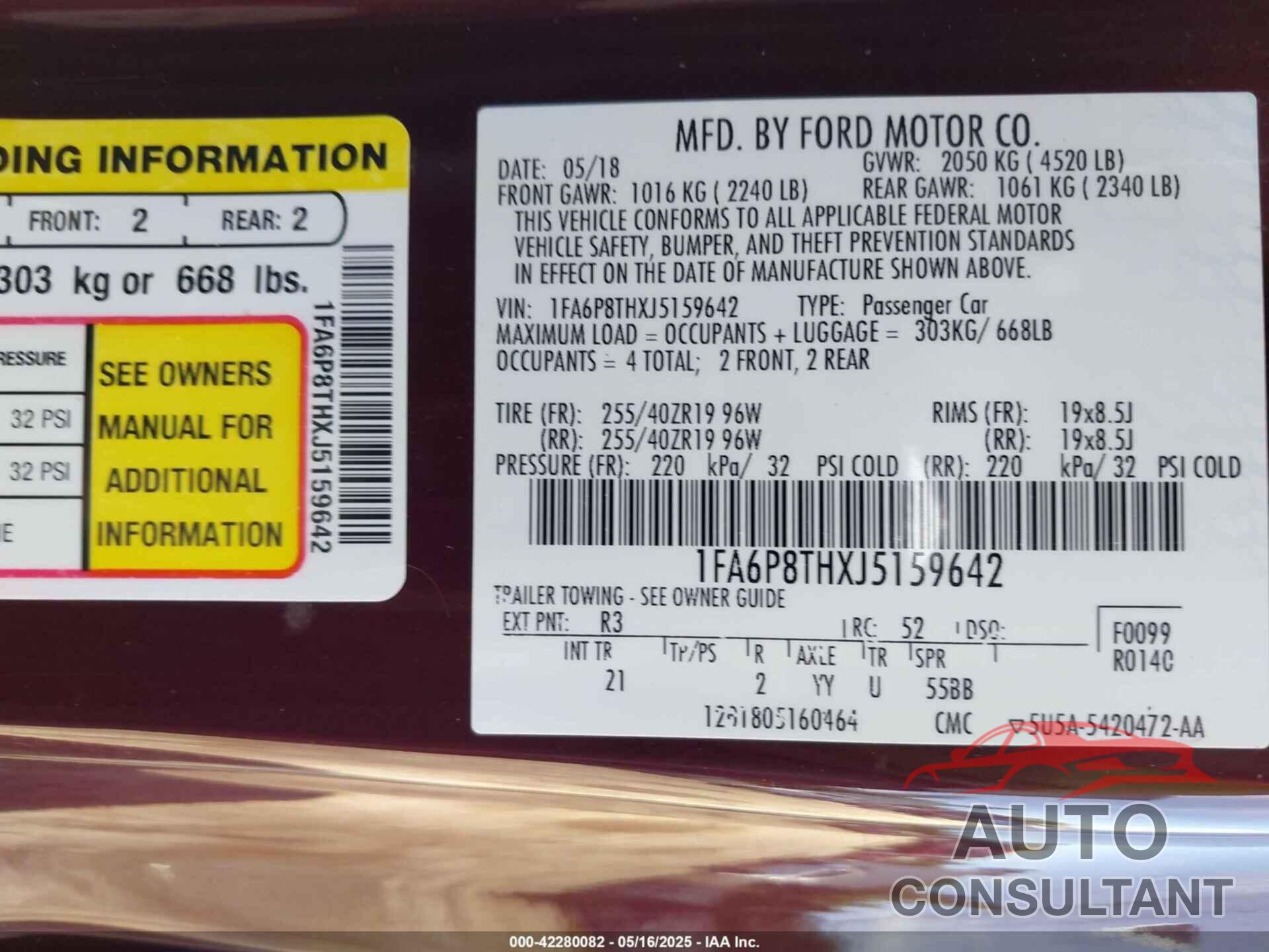 FORD MUSTANG 2018 - 1FA6P8THXJ5159642