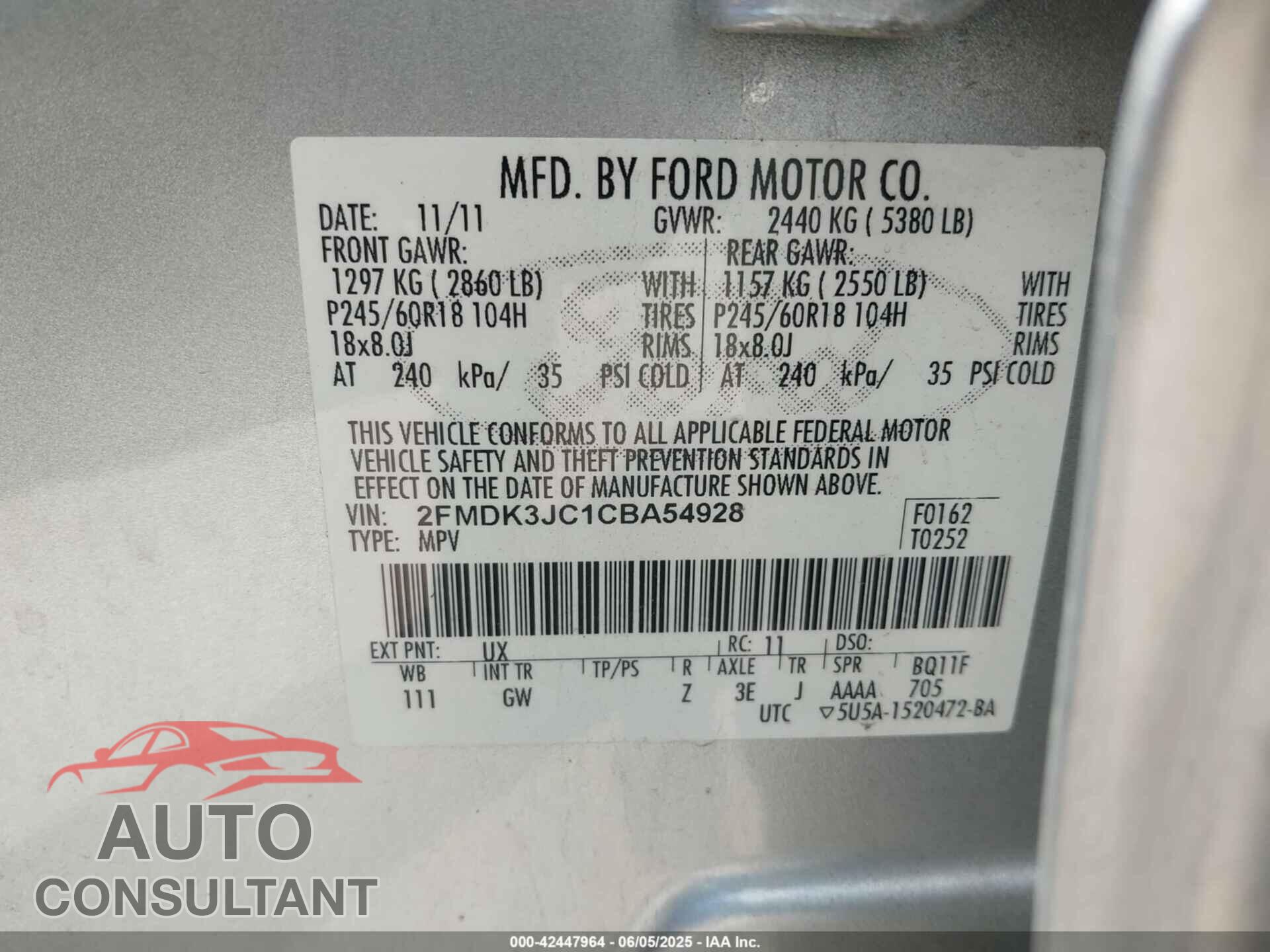 FORD EDGE 2012 - 2FMDK3JC1CBA54928