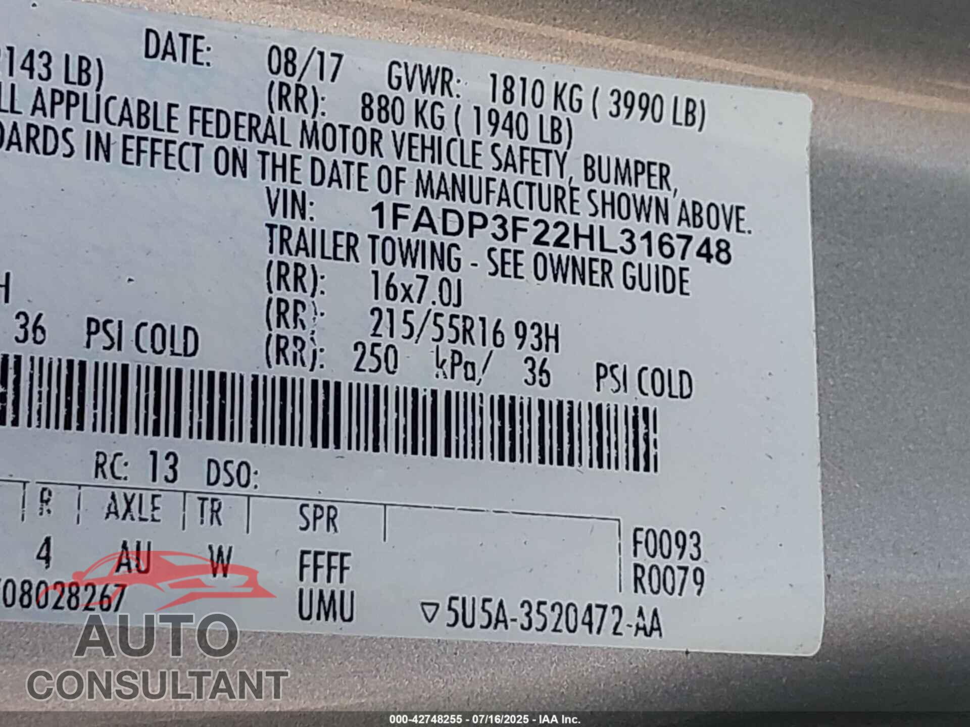 FORD FOCUS 2017 - 1FADP3F22HL316748