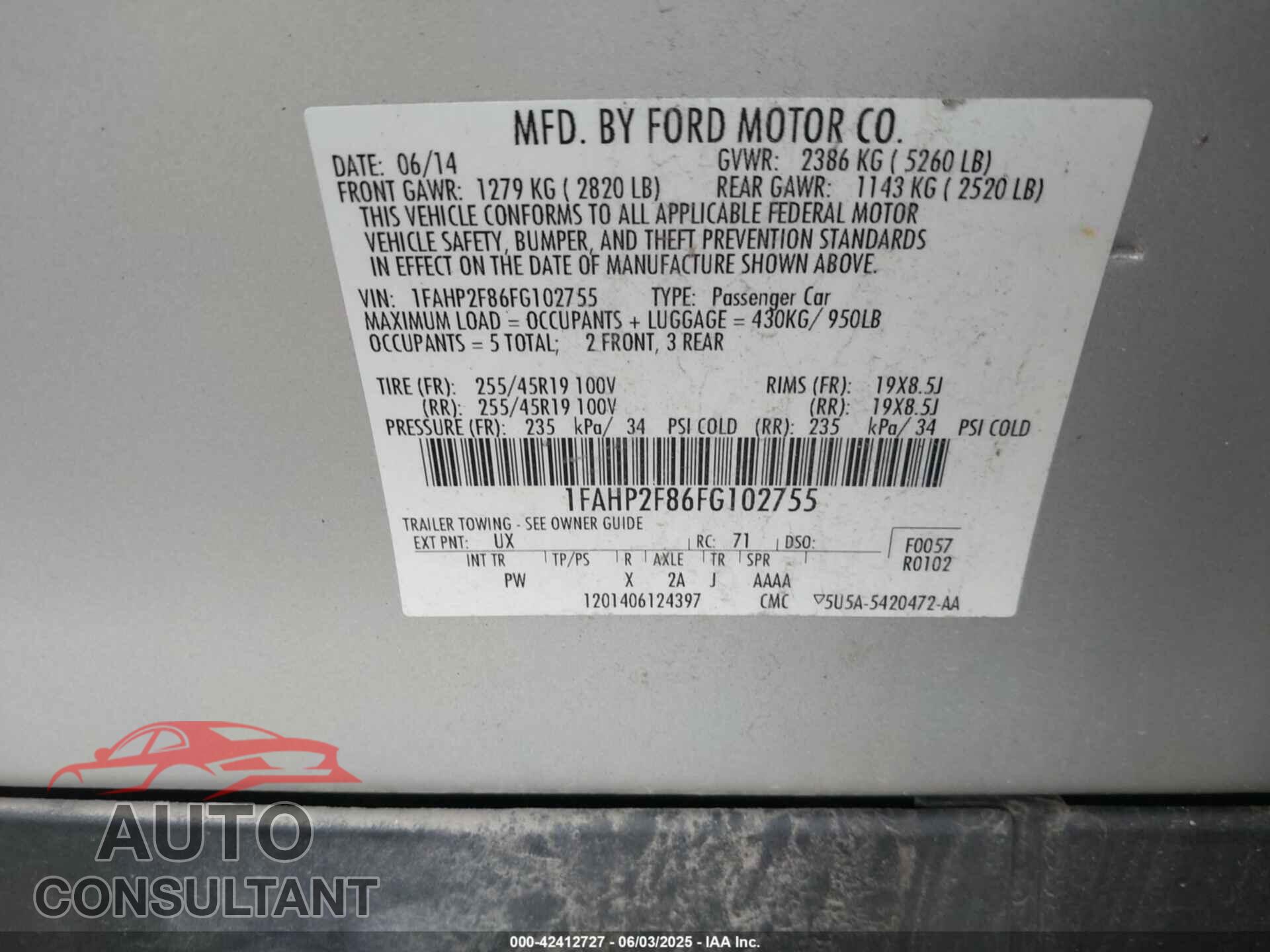FORD TAURUS 2015 - 1FAHP2F86FG102755