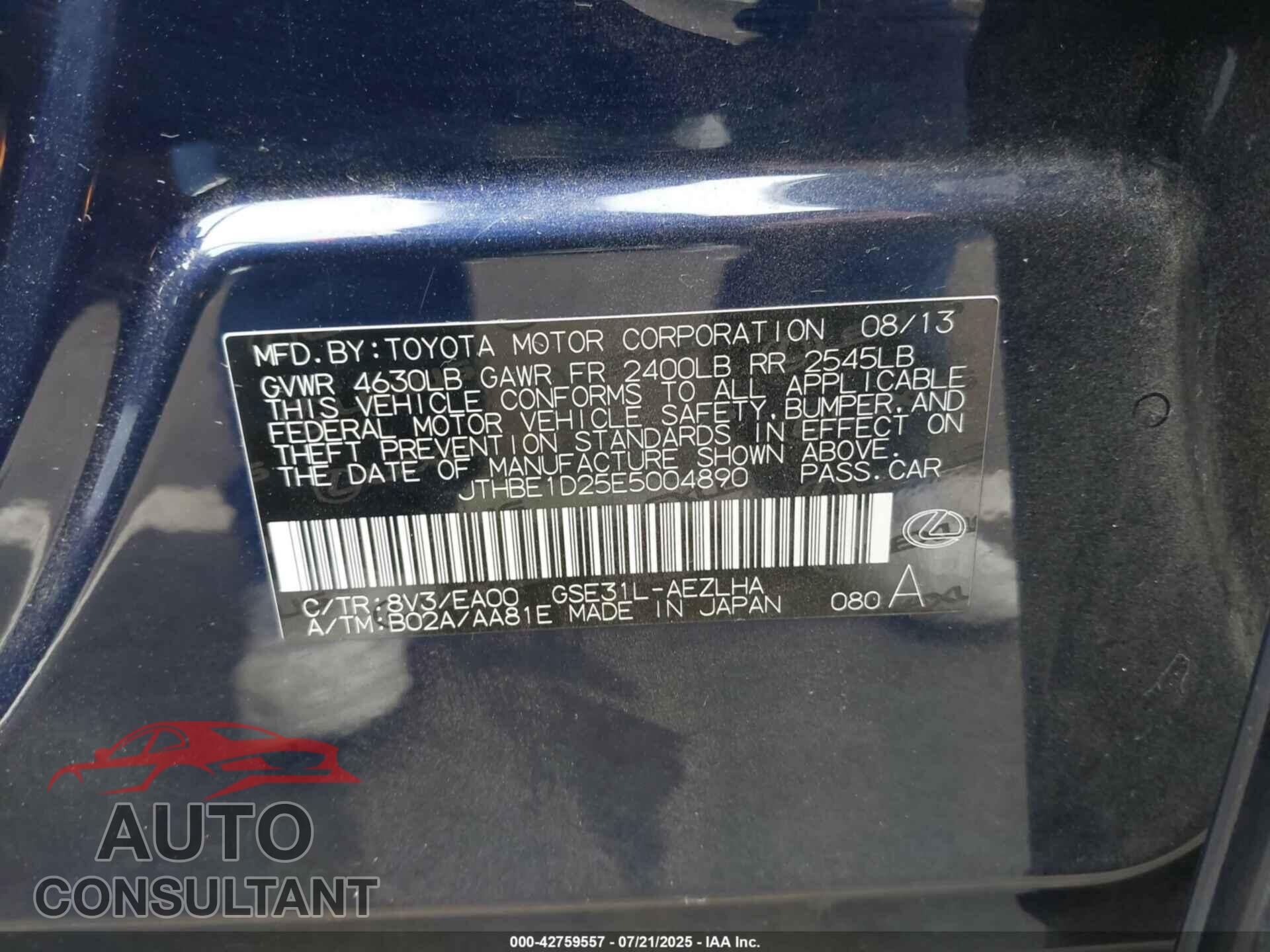 LEXUS IS 350 2014 - JTHBE1D25E5004890