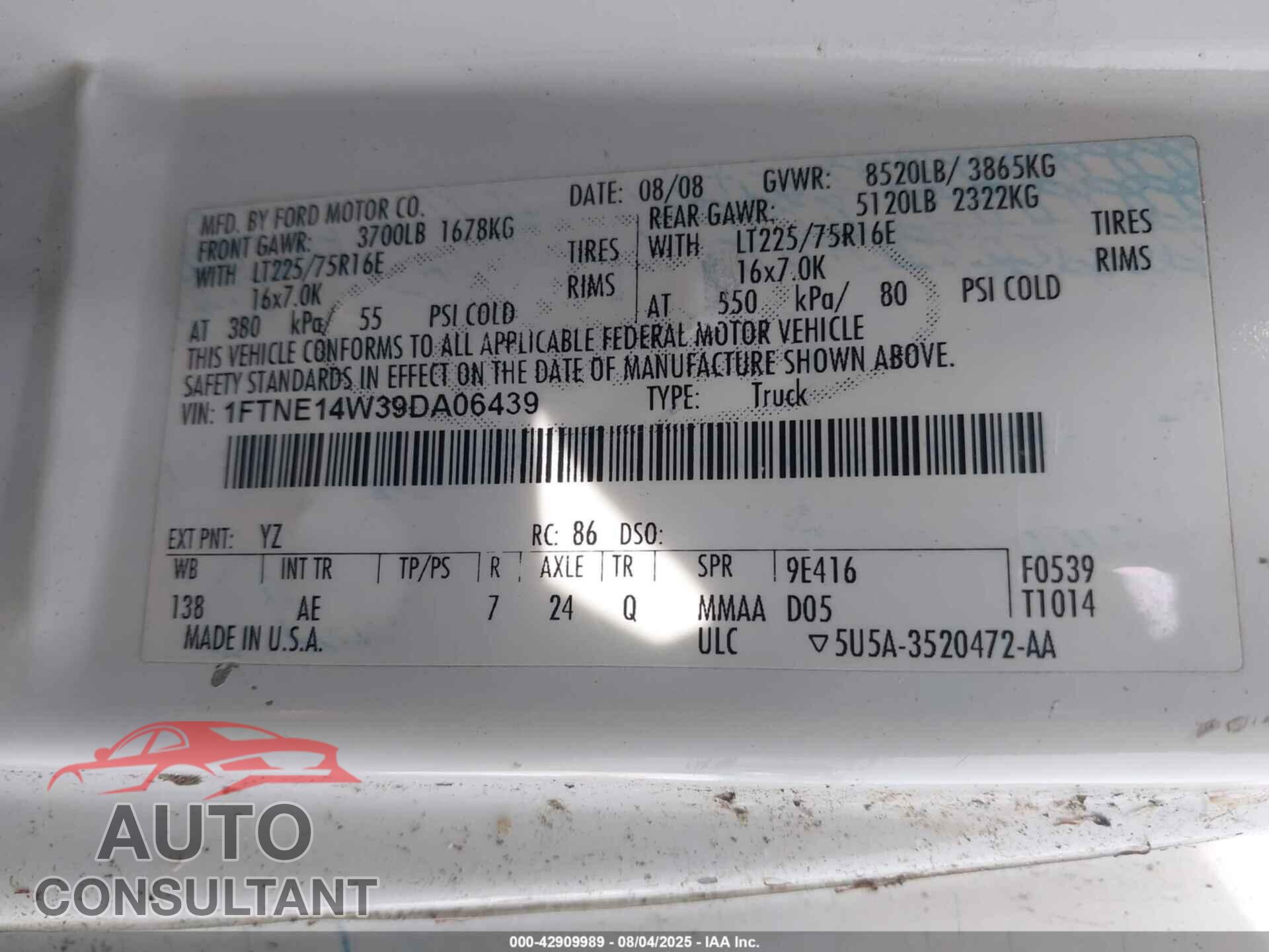 FORD E-150 2009 - 1FTNE14W39DA06439