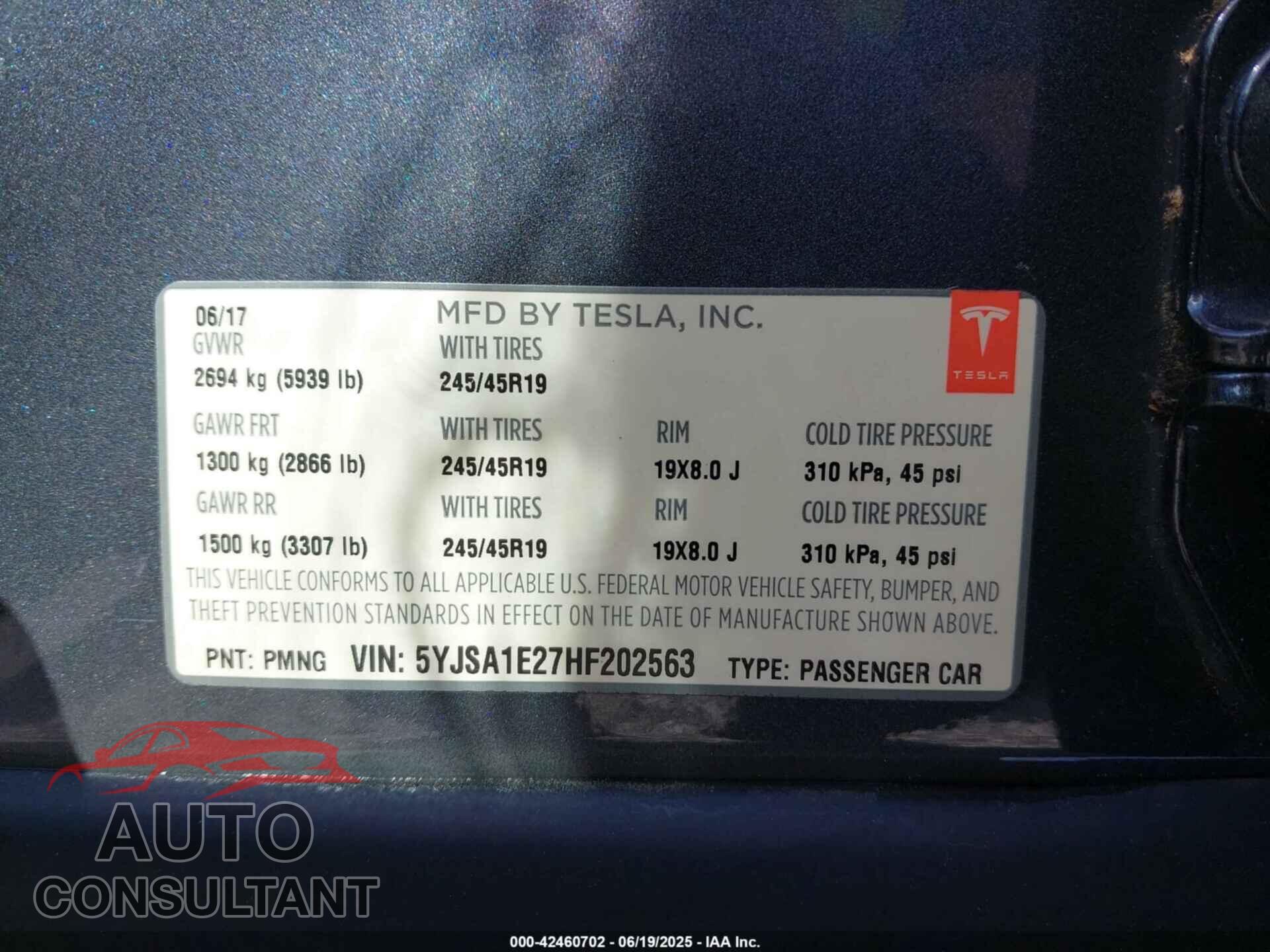 TESLA MODEL S 2017 - 5YJSA1E27HF202563