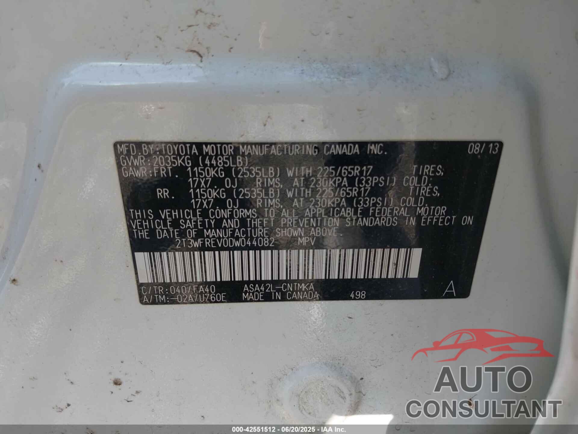 TOYOTA RAV4 2013 - 2T3WFREV0DW044082