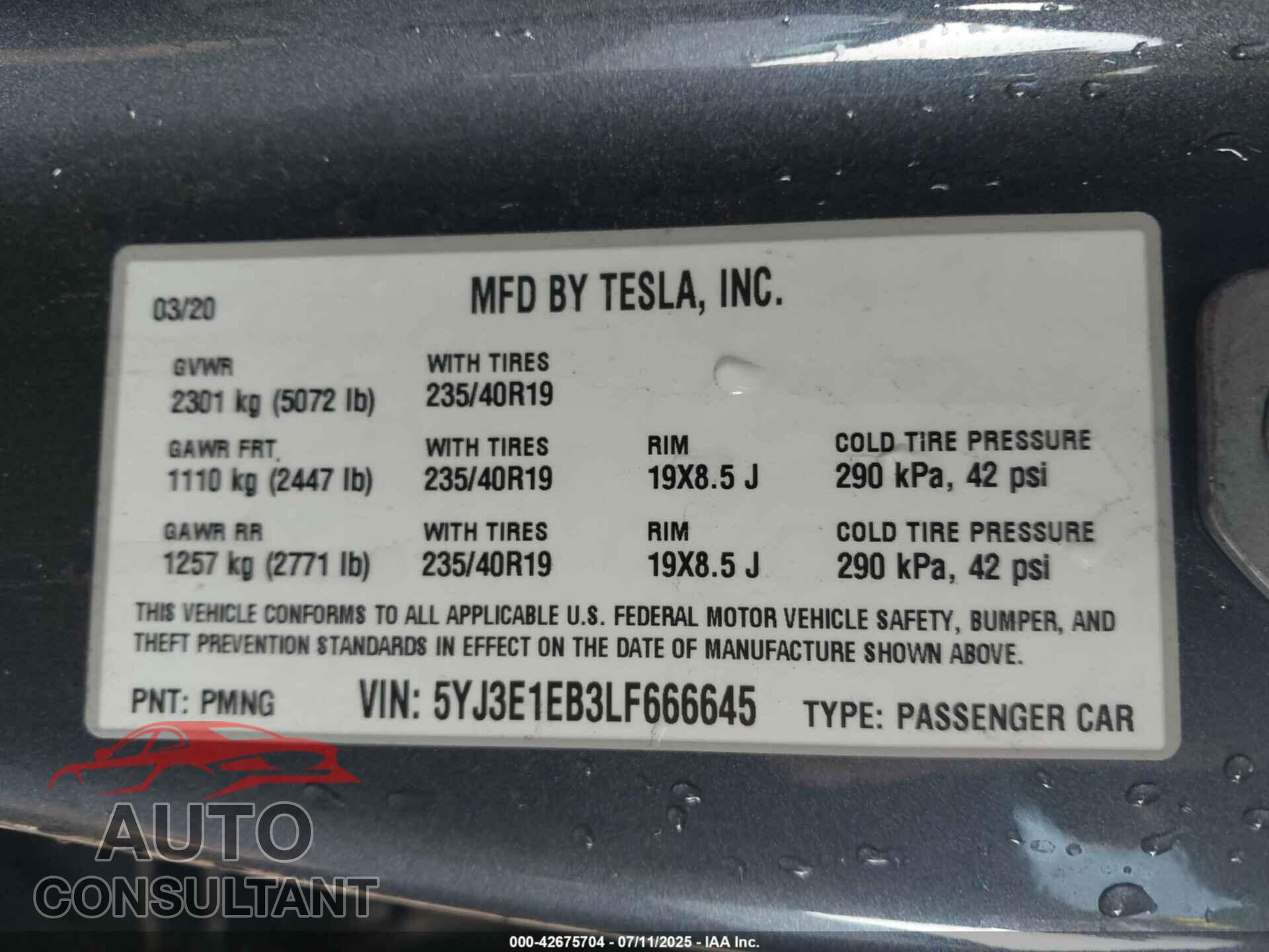 TESLA MODEL 3 2020 - 5YJ3E1EB3LF666645