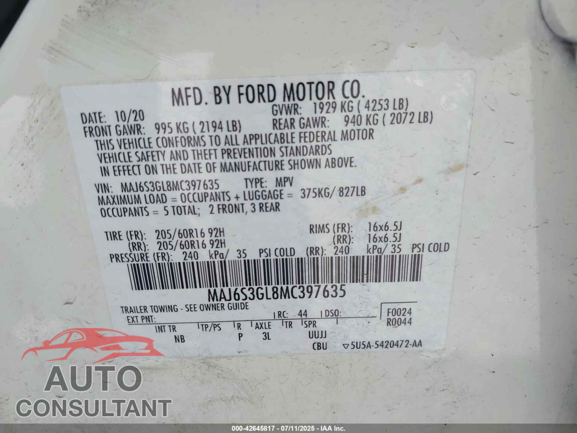 FORD ECOSPORT 2021 - MAJ6S3GL8MC397635