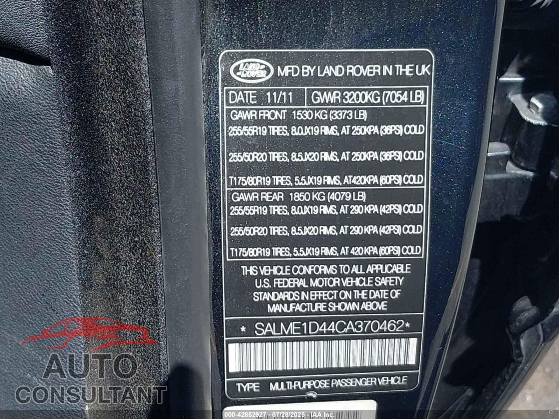 LAND ROVER RANGE ROVER 2012 - SALME1D44CA370462