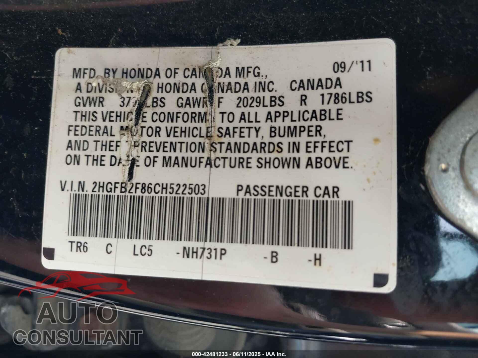 HONDA CIVIC 2012 - 2HGFB2F86CH522503