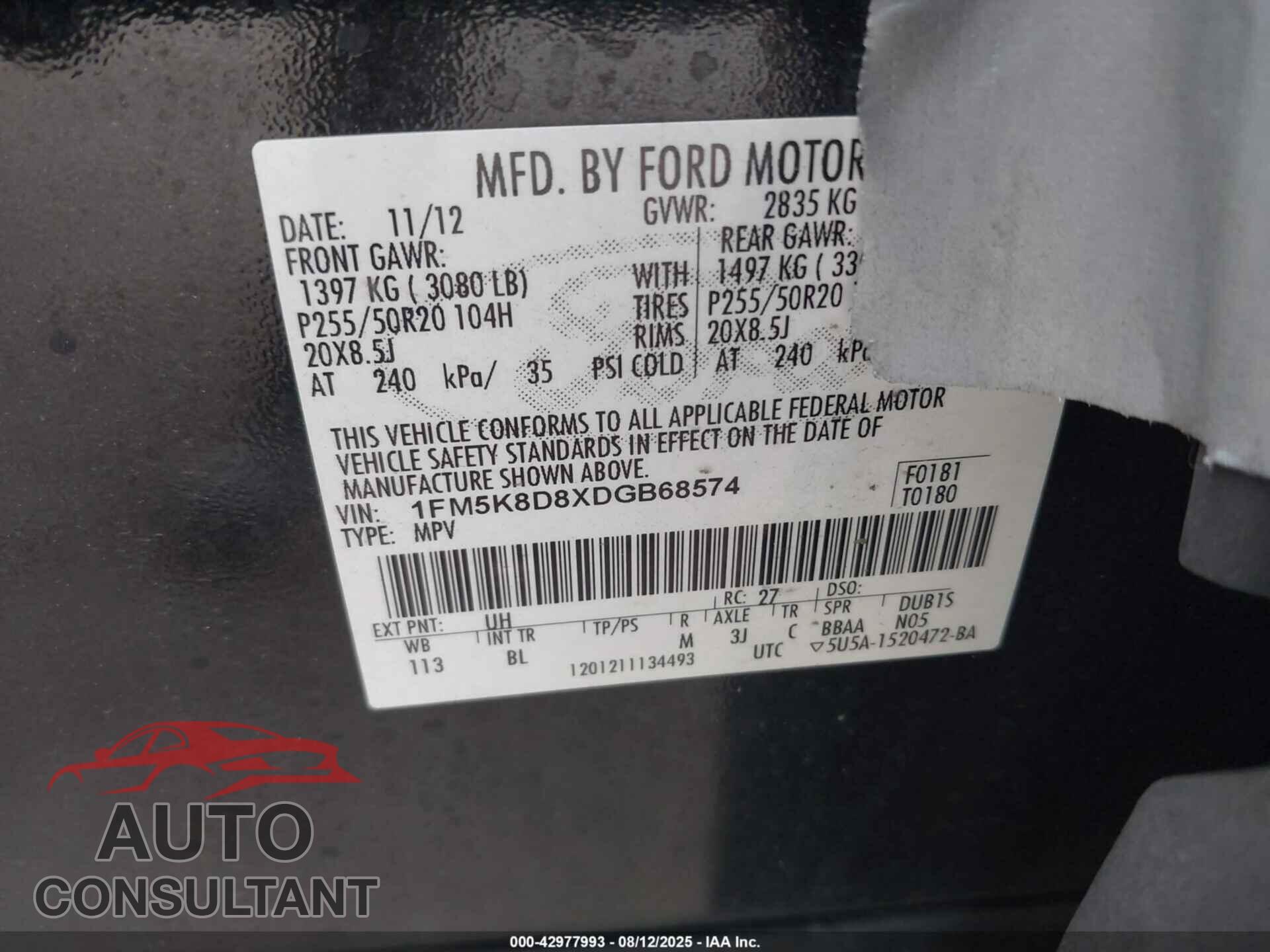 FORD EXPLORER 2013 - 1FM5K8D8XDGB68574