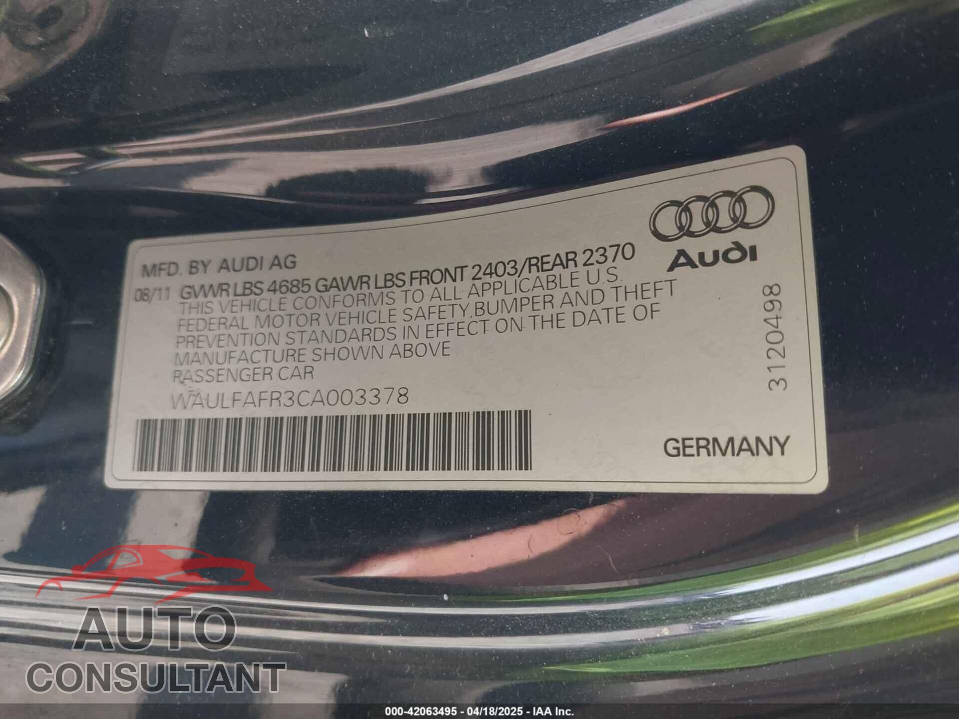 AUDI A5 2012 - WAULFAFR3CA003378