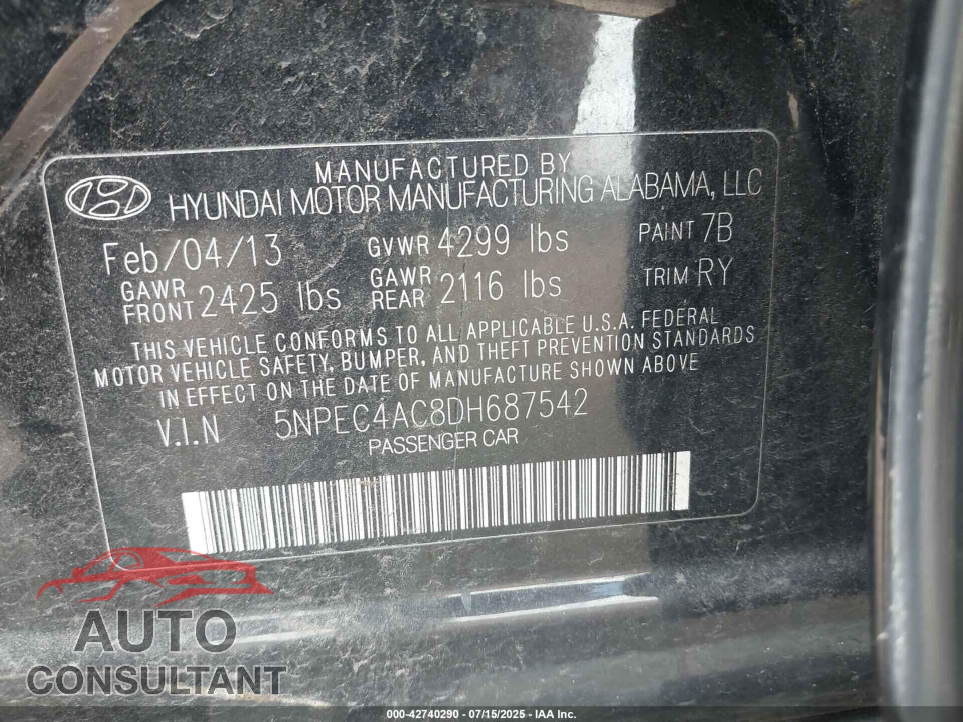 HYUNDAI SONATA 2013 - 5NPEC4AC8DH687542