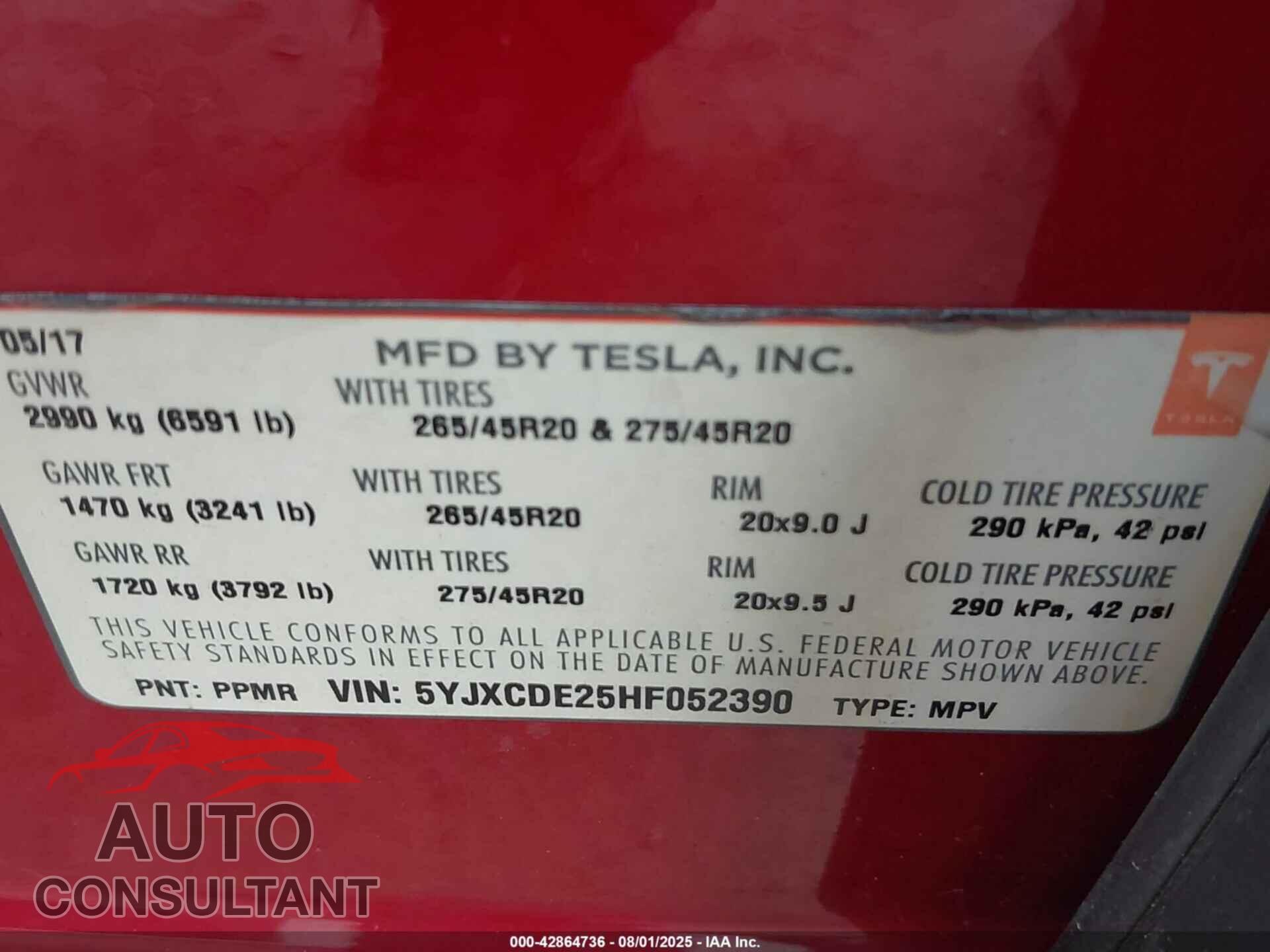 TESLA MODEL X 2017 - 5YJXCDE25HF052390