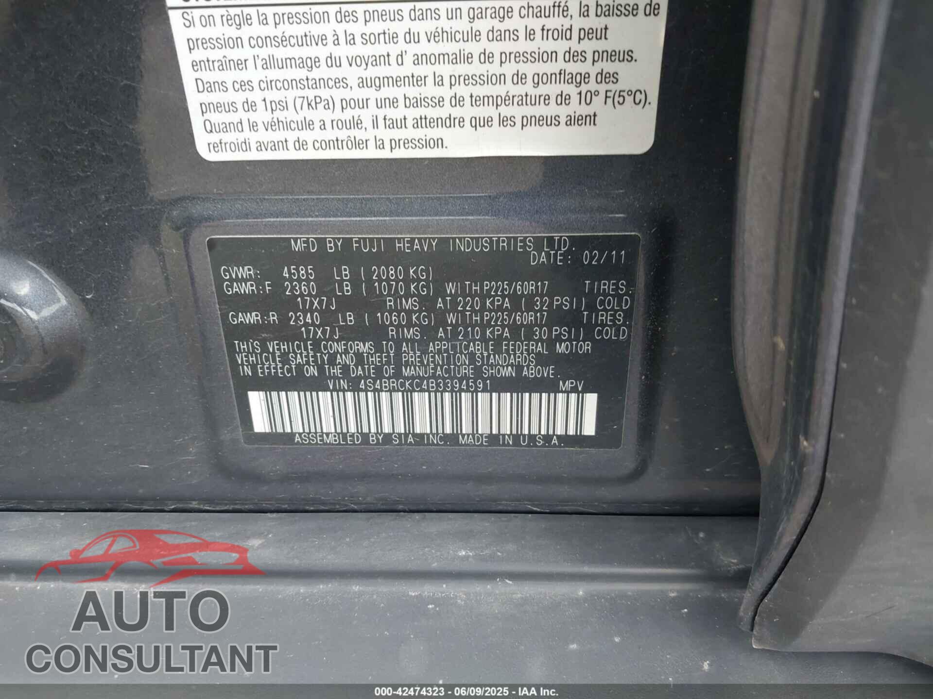 SUBARU OUTBACK 2011 - 4S4BRCKC4B3394591