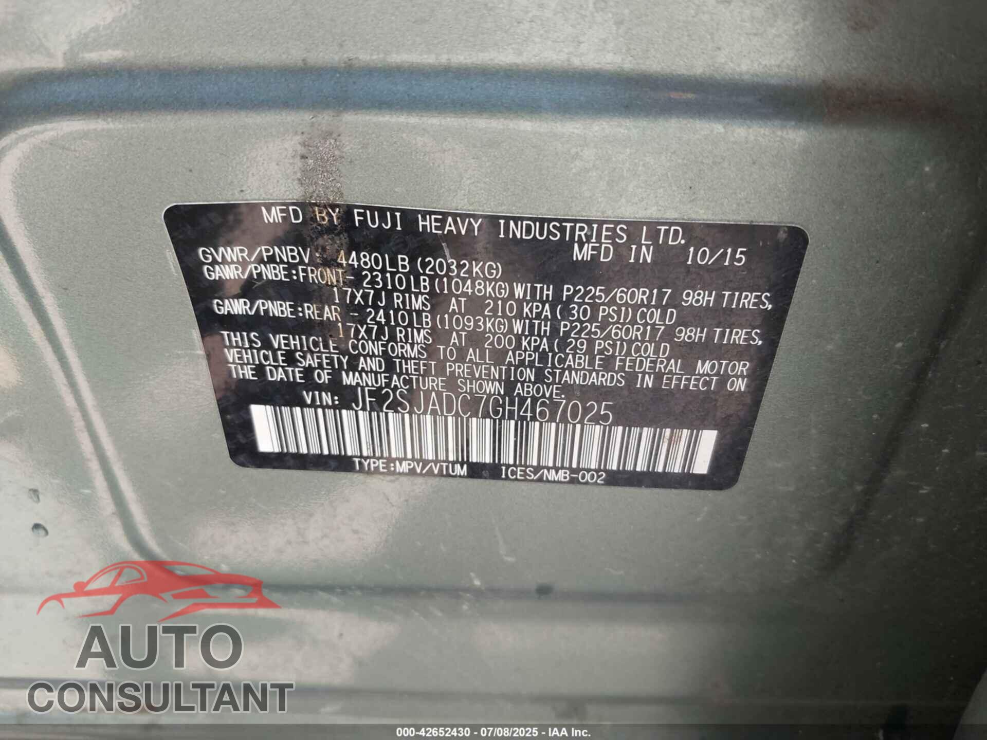 SUBARU FORESTER 2016 - JF2SJADC7GH467025