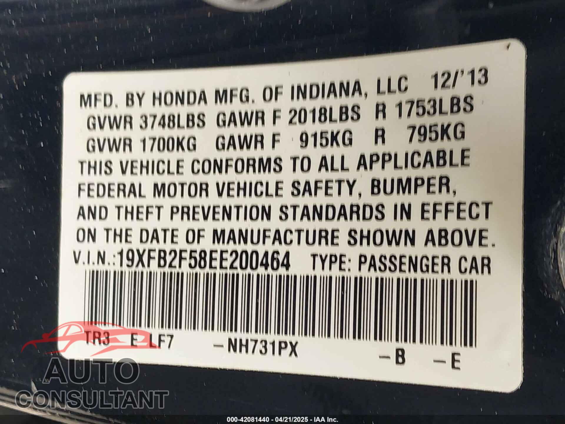 HONDA CIVIC 2014 - 19XFB2F58EE200464