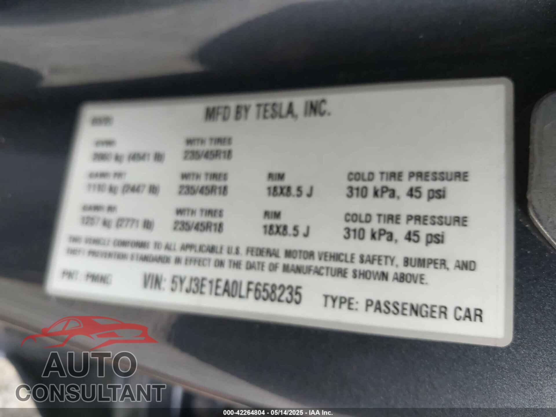 TESLA MODEL 3 2020 - 5YJ3E1EA0LF658235