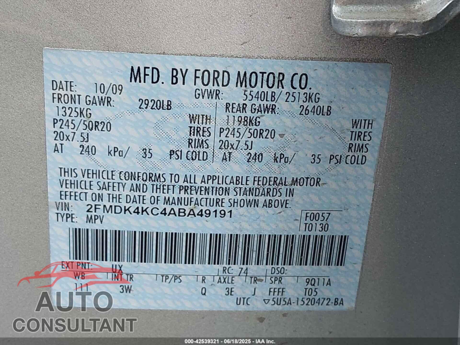 FORD EDGE 2010 - 2FMDK4KC4ABA49191