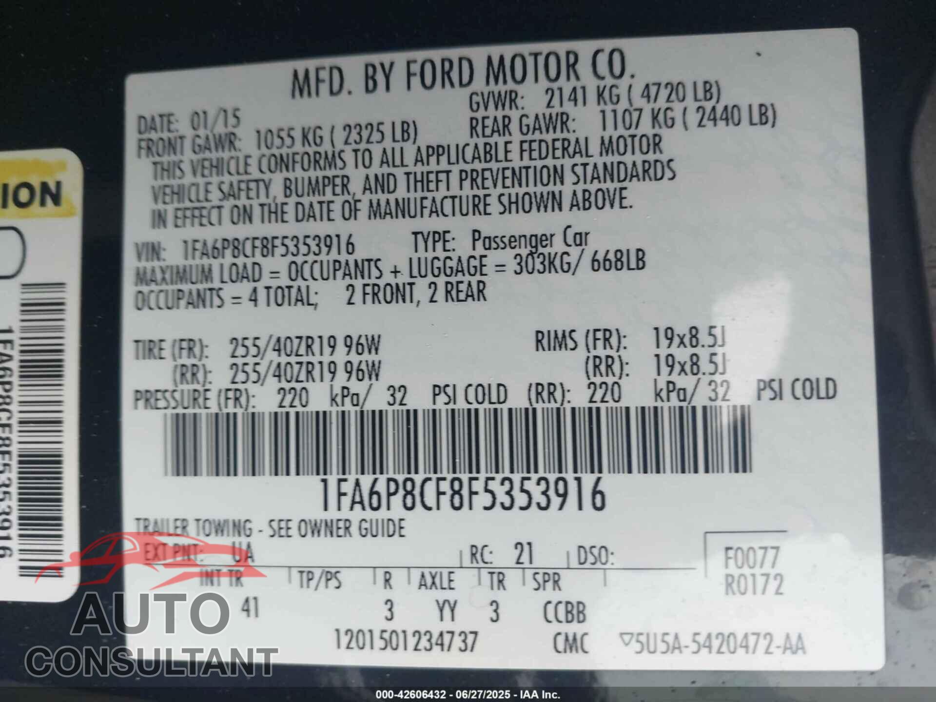 FORD MUSTANG 2015 - 1FA6P8CF8F5353916
