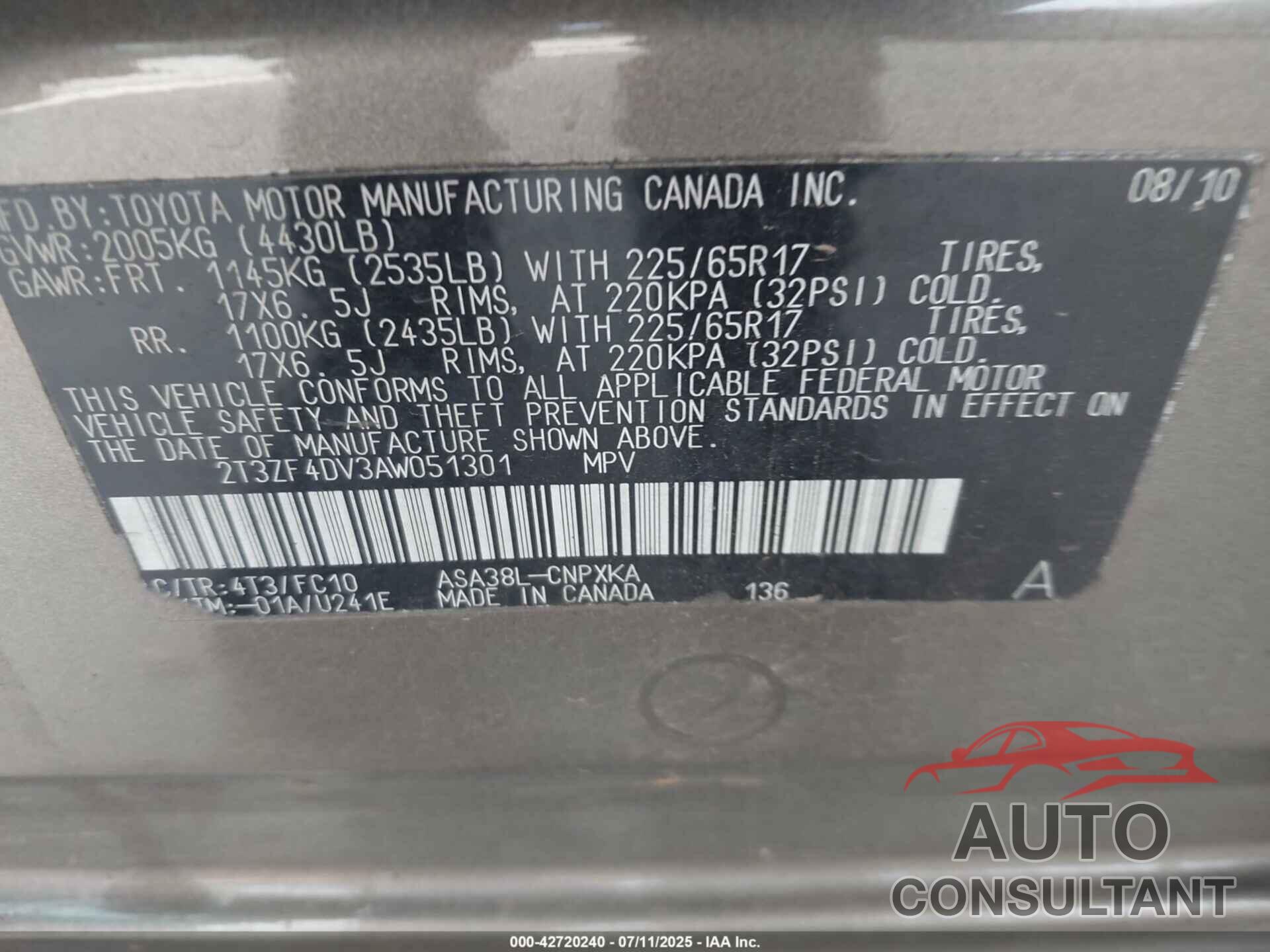 TOYOTA RAV4 2010 - 2T3ZF4DV3AW051301