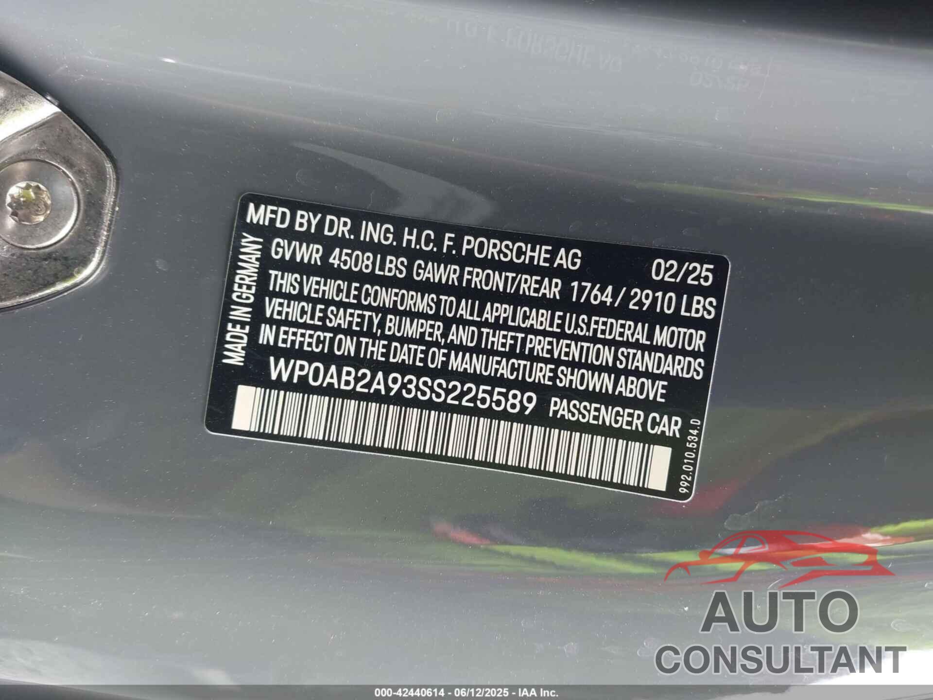 PORSCHE 911 2025 - WP0AB2A93SS225589