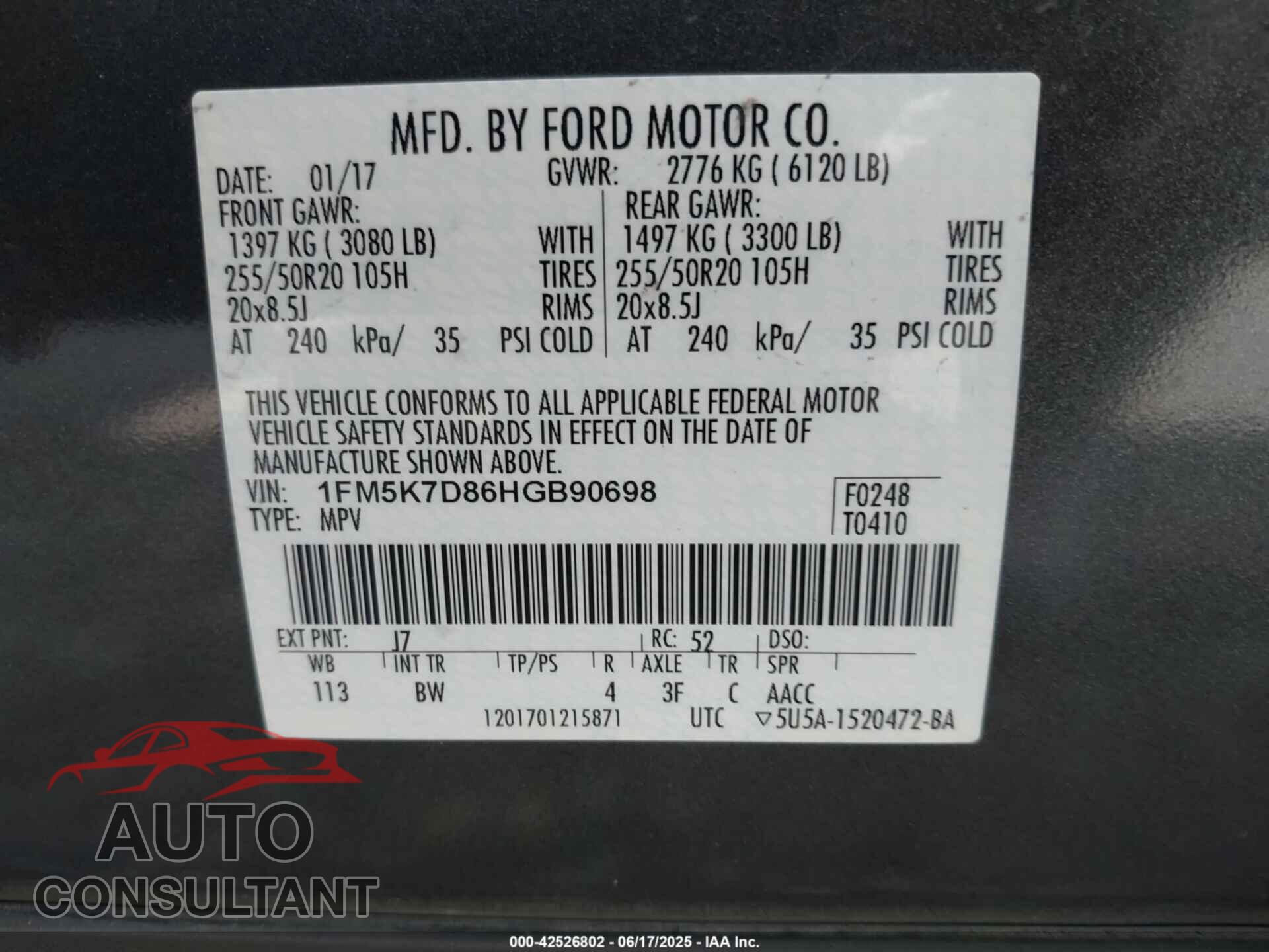 FORD EXPLORER 2017 - 1FM5K7D86HGB90698