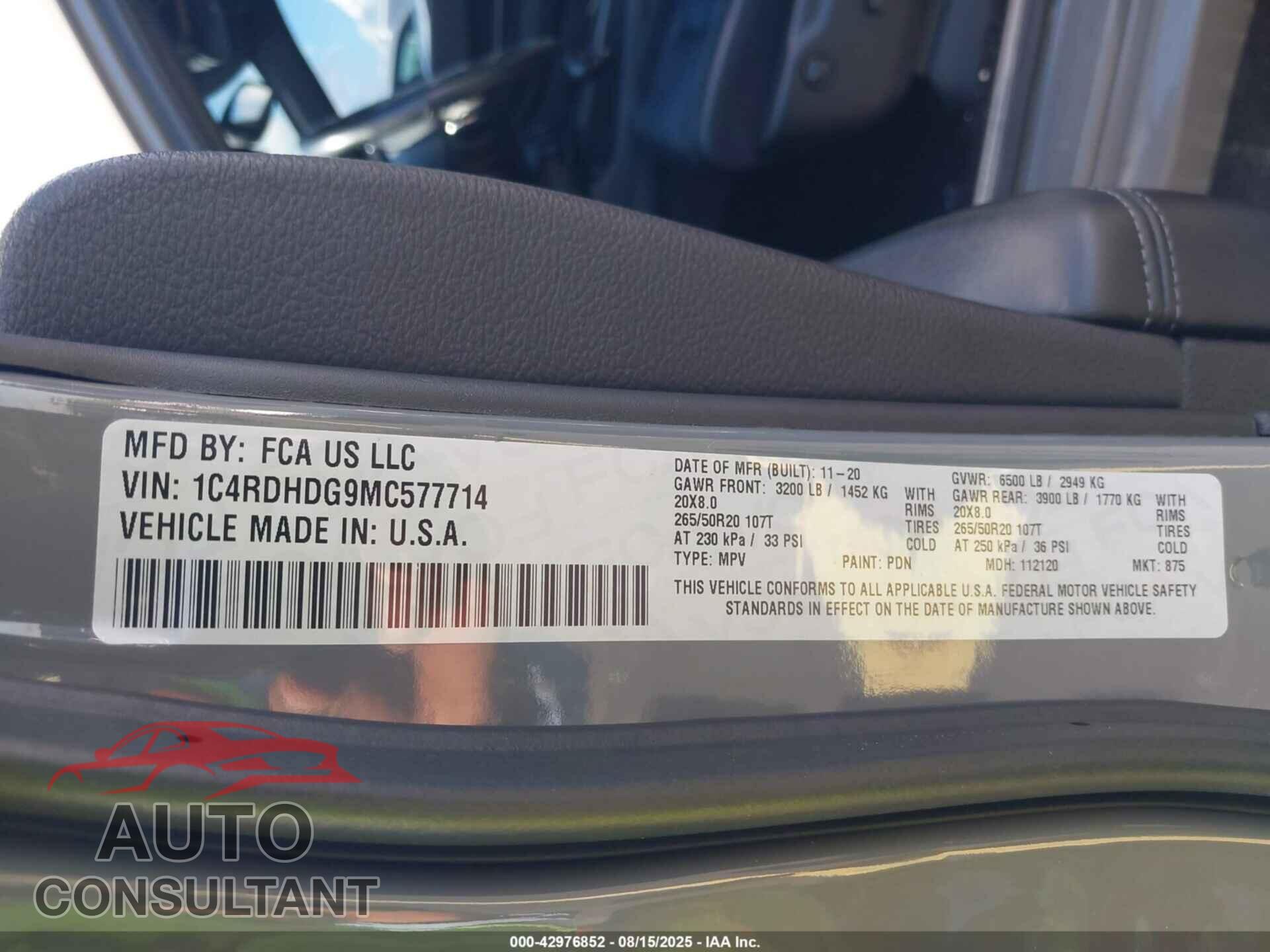DODGE DURANGO 2021 - 1C4RDHDG9MC577714