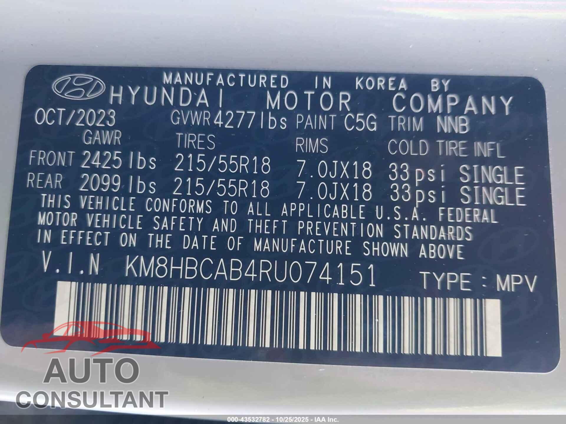 HYUNDAI KONA 2024 - KM8HBCAB4RU074151