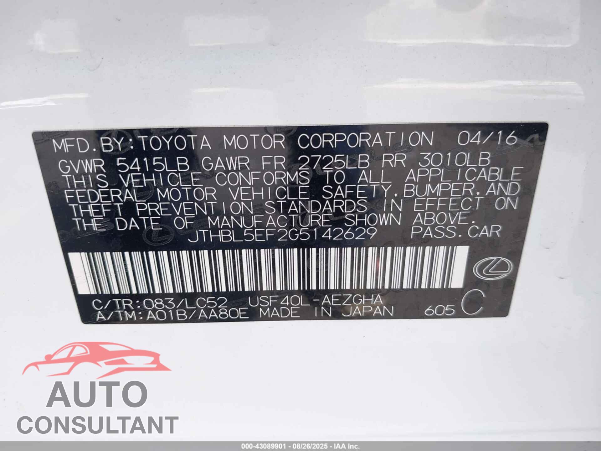 LEXUS LS 460 2016 - JTHBL5EF2G5142629