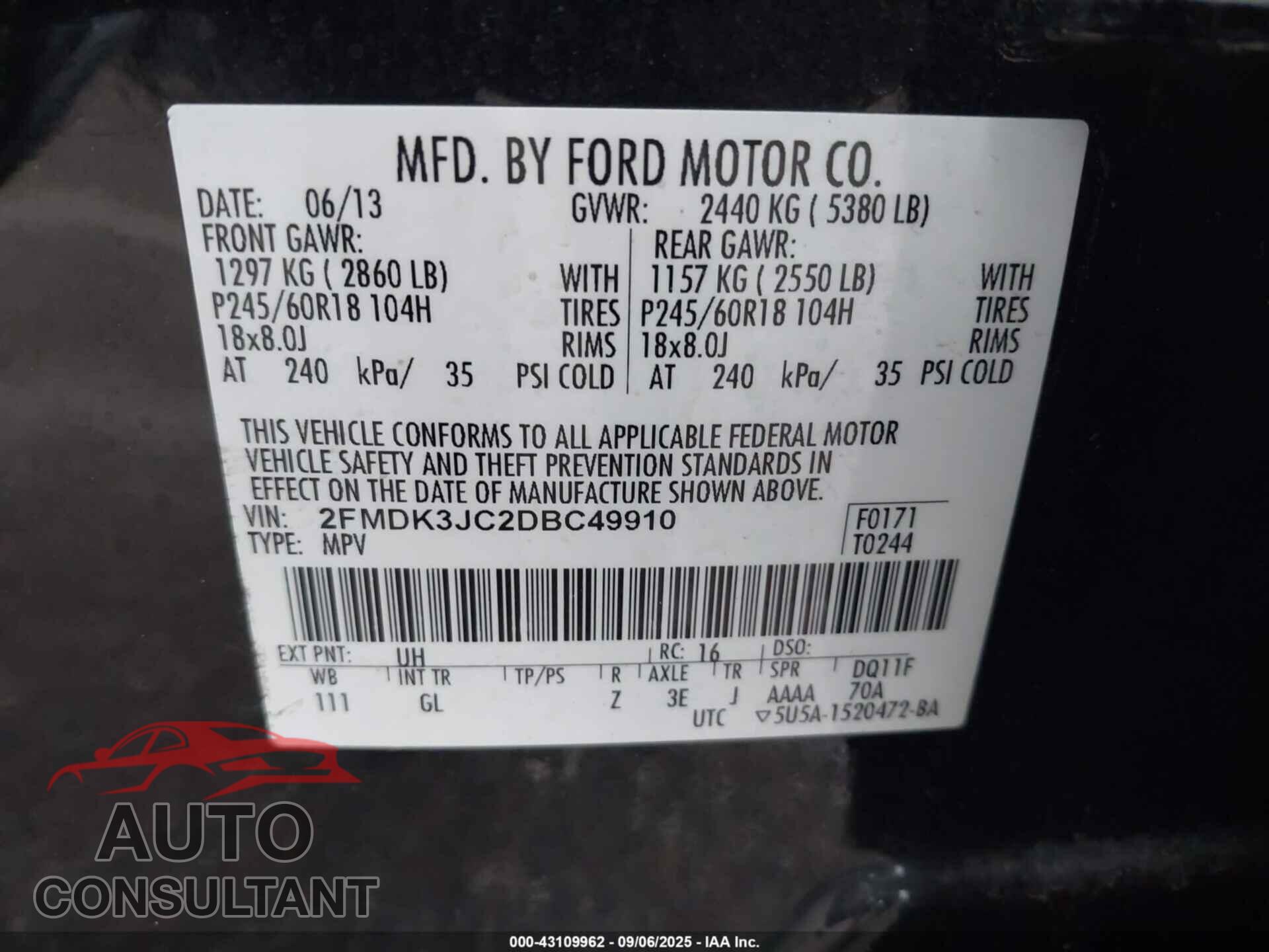FORD EDGE 2013 - 2FMDK3JC2DBC49910
