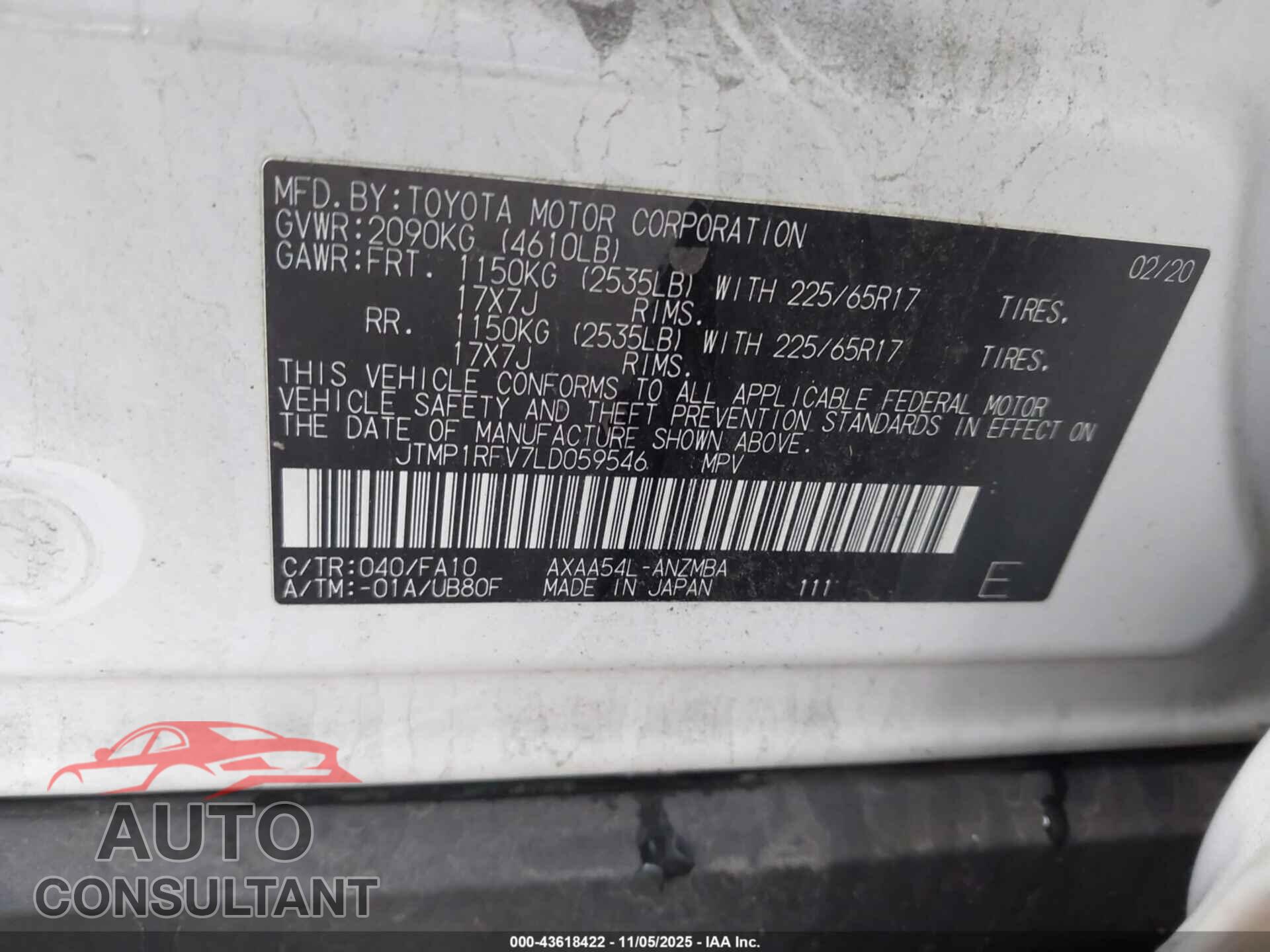 TOYOTA RAV4 2020 - JTMP1RFV7LD059546