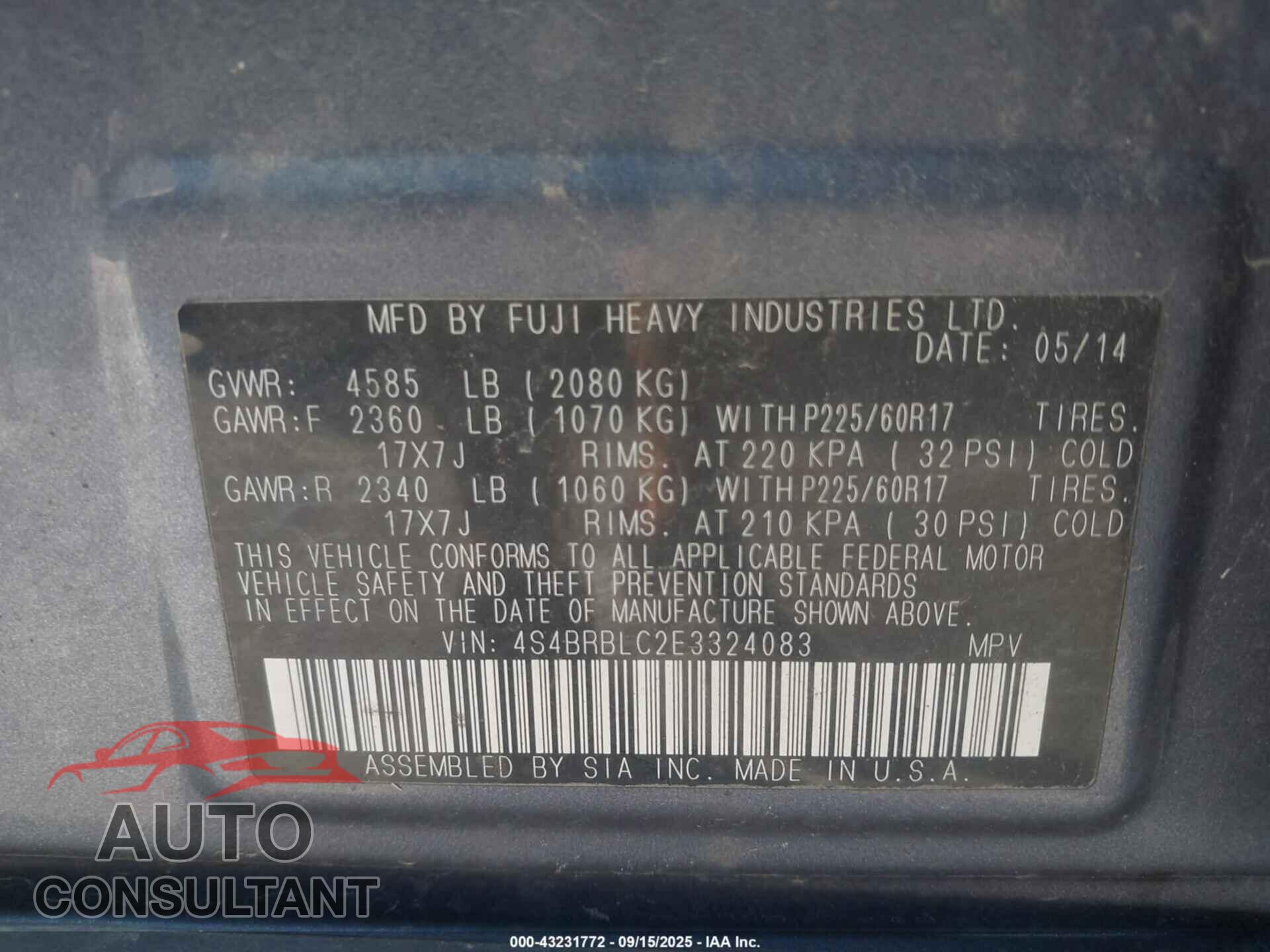 SUBARU OUTBACK 2014 - 4S4BRBLC2E3324083