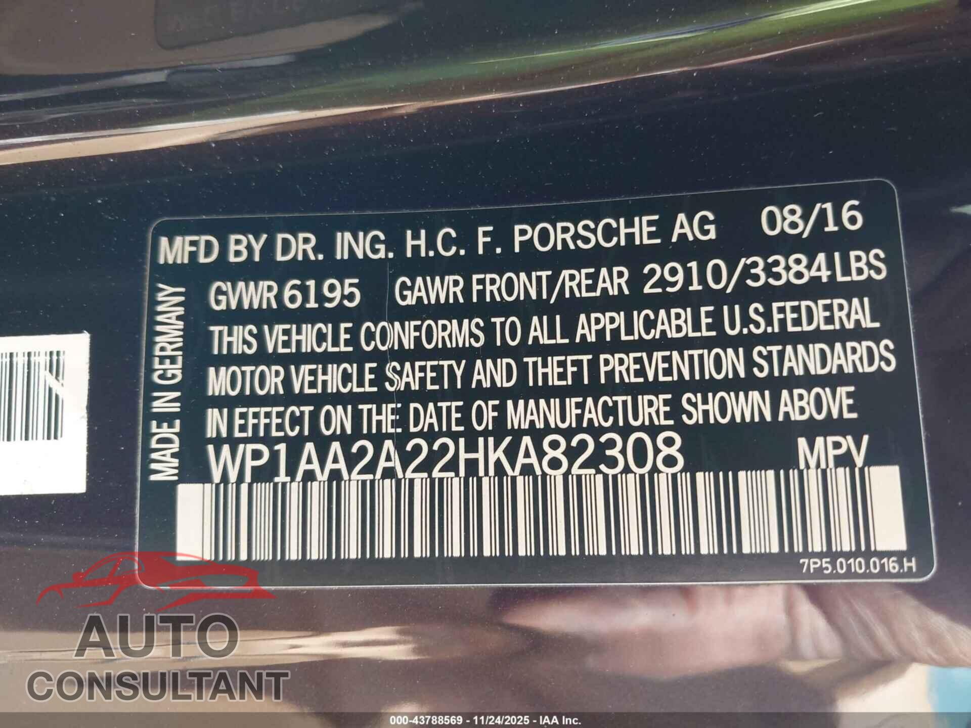 PORSCHE CAYENNE 2017 - WP1AA2A22HKA82308