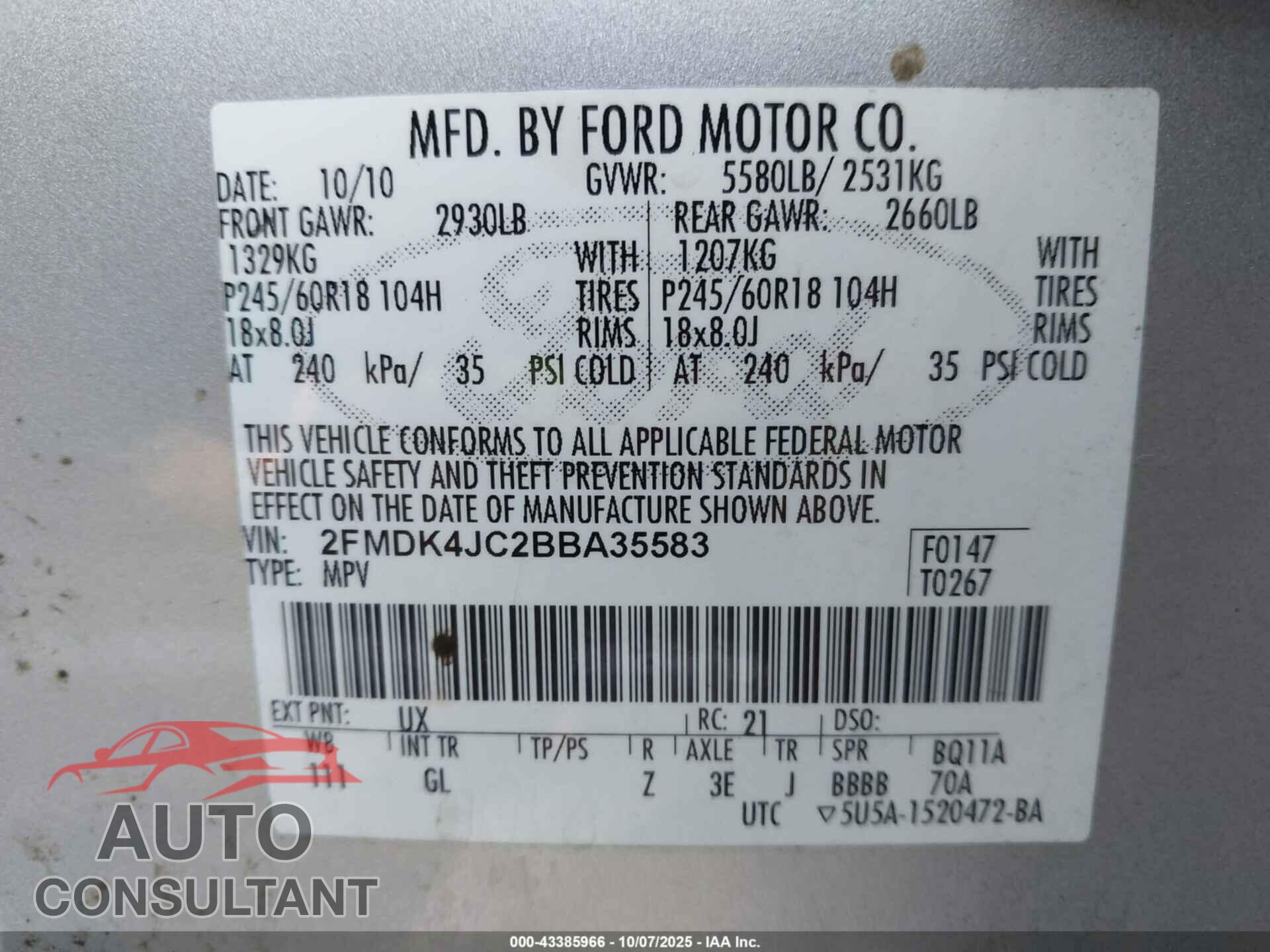 FORD EDGE 2011 - 2FMDK4JC2BBA35583