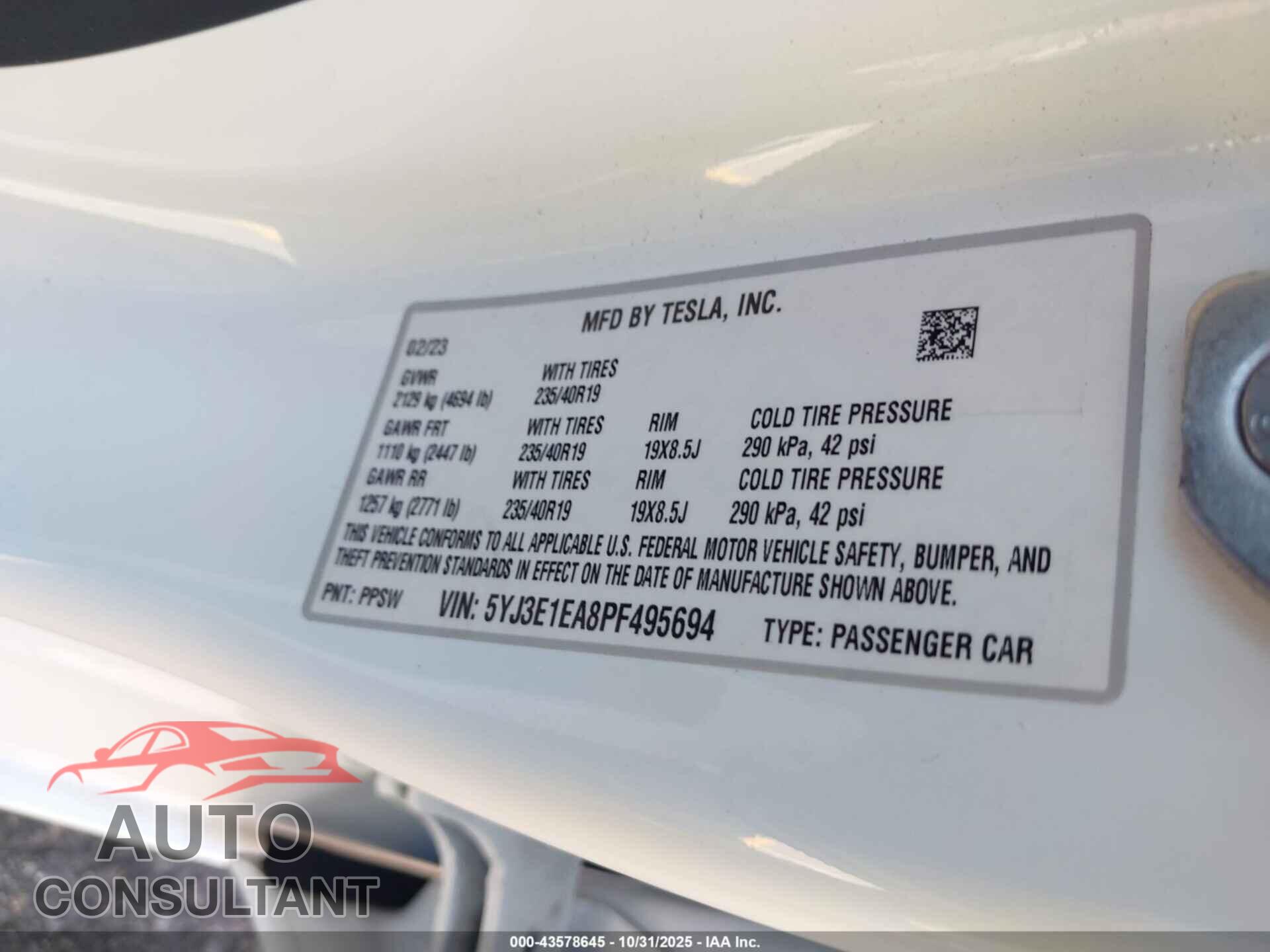 TESLA MODEL 3 2023 - 5YJ3E1EA8PF495694