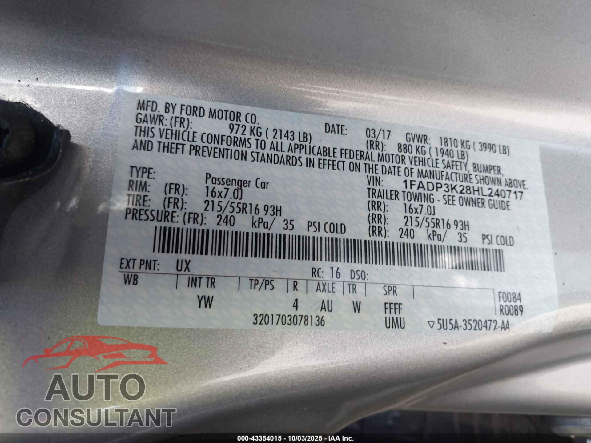 FORD FOCUS 2017 - 1FADP3K28HL240717