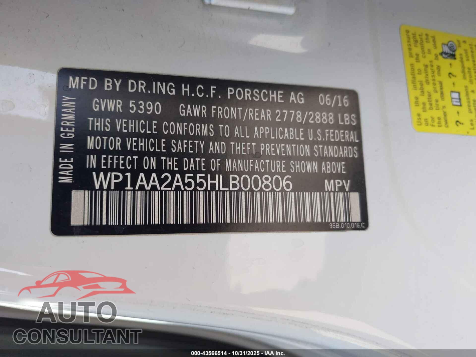 PORSCHE MACAN 2017 - WP1AA2A55HLB00806