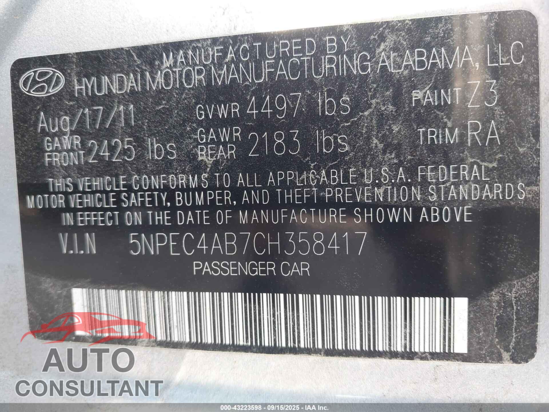 HYUNDAI SONATA 2012 - 5NPEC4AB7CH358417