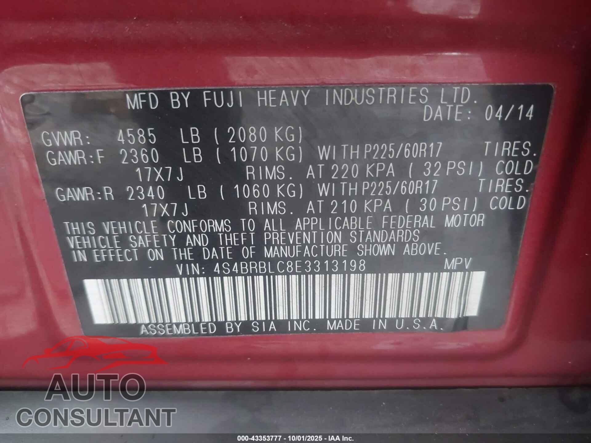 SUBARU OUTBACK 2014 - 4S4BRBLC8E3313198
