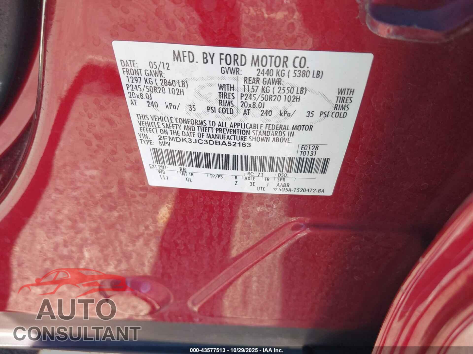 FORD EDGE 2013 - 2FMDK3JC3DBA52163
