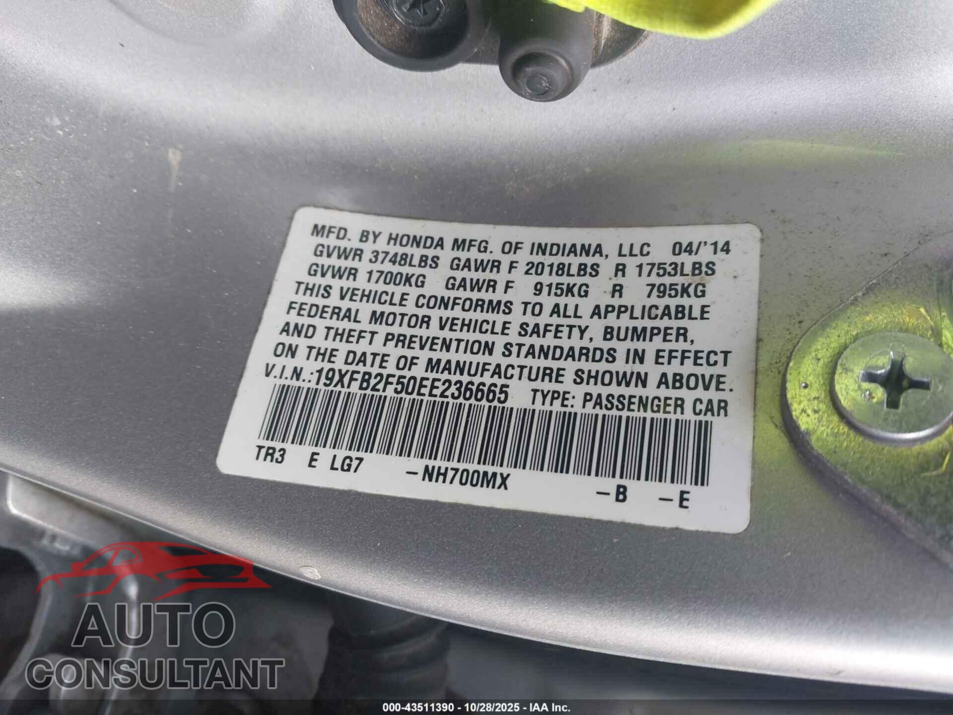HONDA CIVIC 2014 - 19XFB2F50EE236665