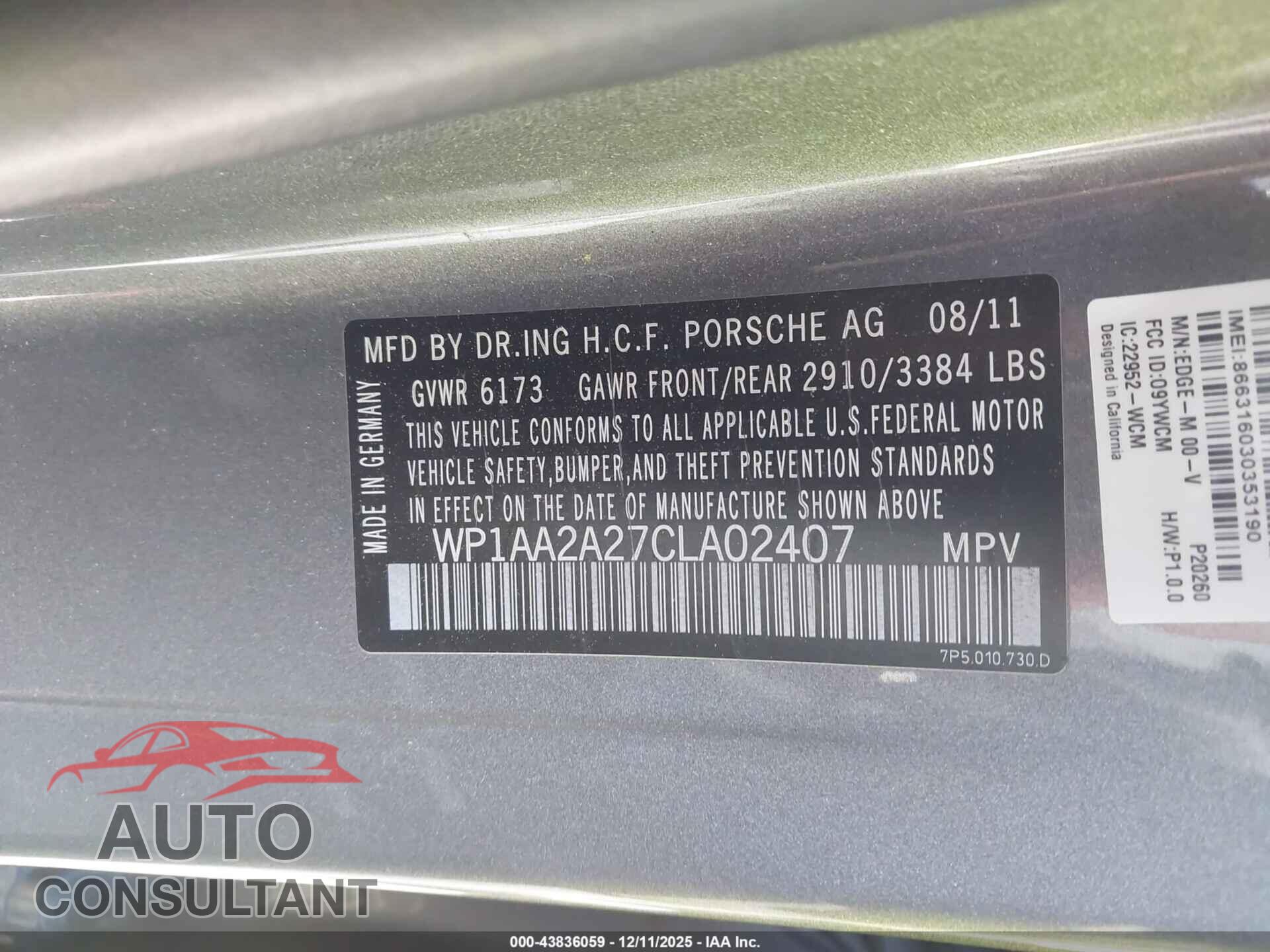 PORSCHE CAYENNE 2012 - WP1AA2A27CLA02407