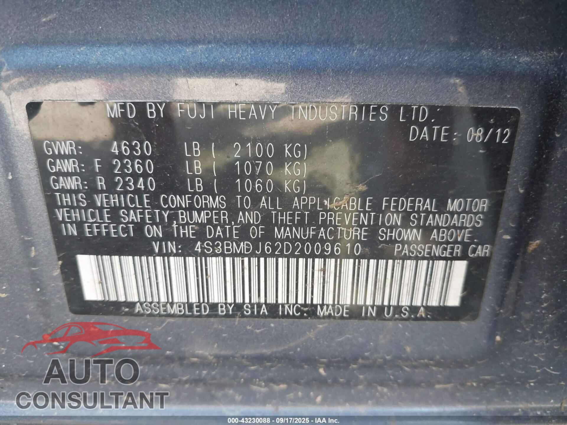 SUBARU LEGACY 2013 - 4S3BMDJ62D2009610