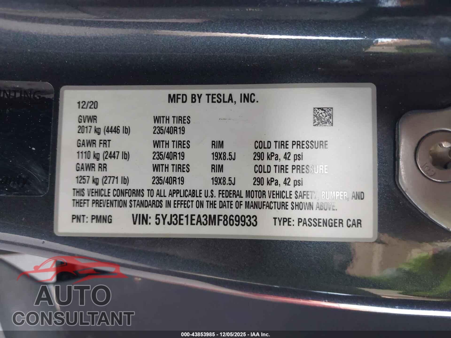 TESLA MODEL 3 2021 - 5YJ3E1EA3MF869933