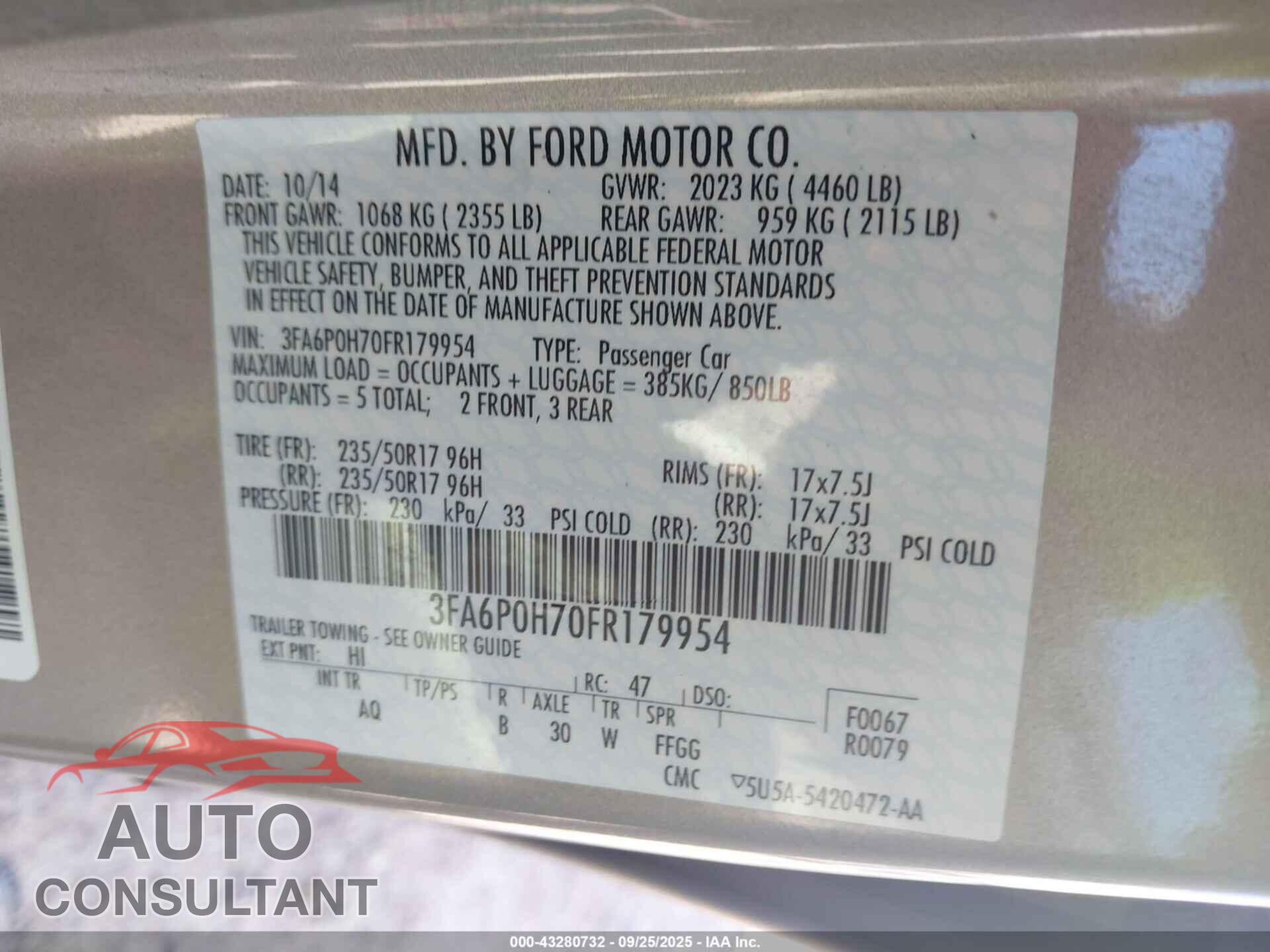 FORD FUSION 2015 - 3FA6P0H70FR179954