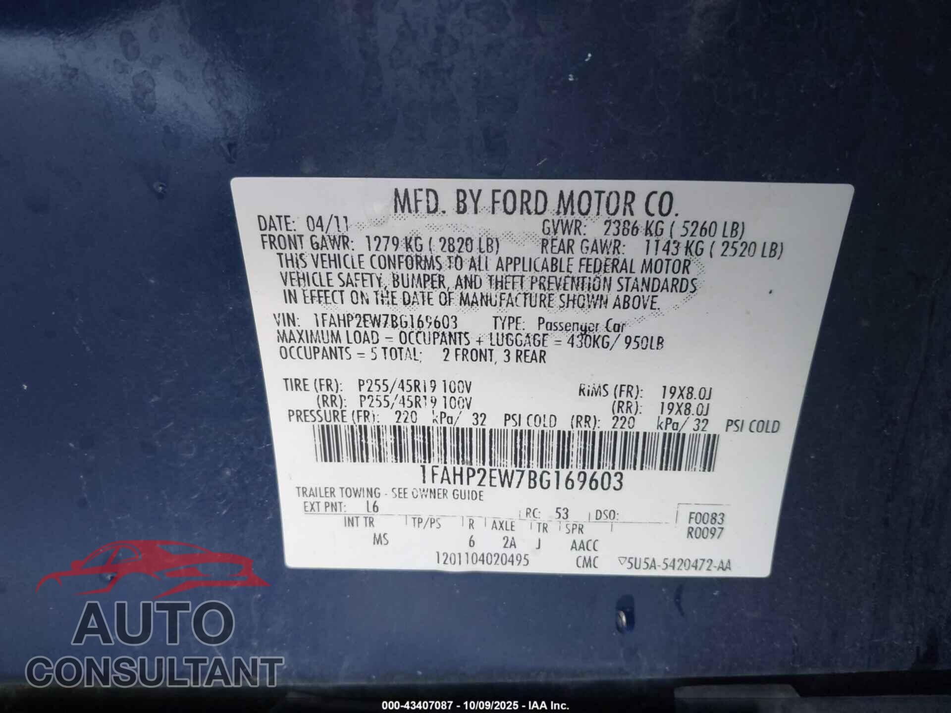 FORD TAURUS 2011 - 1FAHP2EW7BG169603